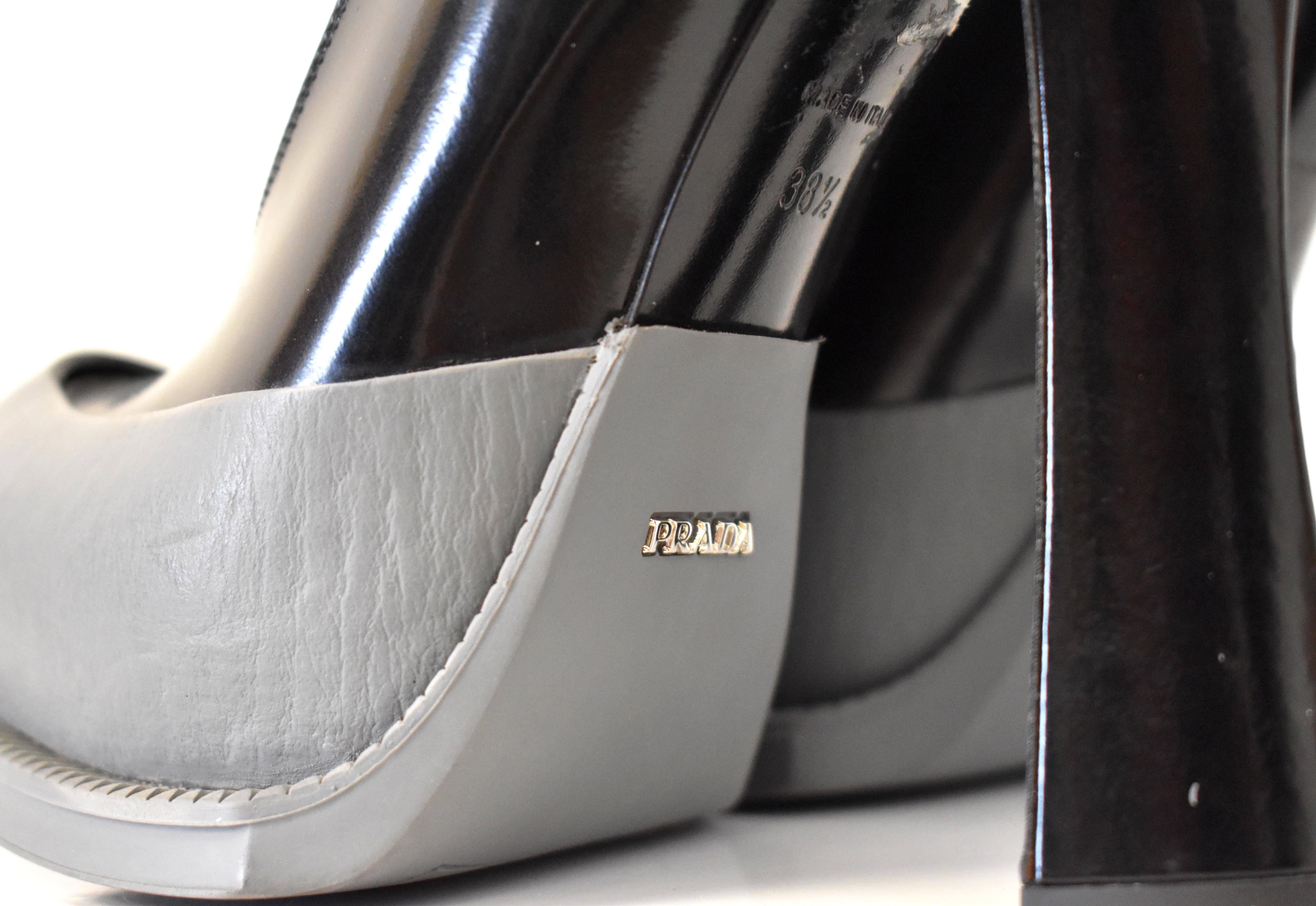 Women's A/W15 Prada Black Patent Leather & Grey Rubber Mary Jane Curved Heels Size 38.5