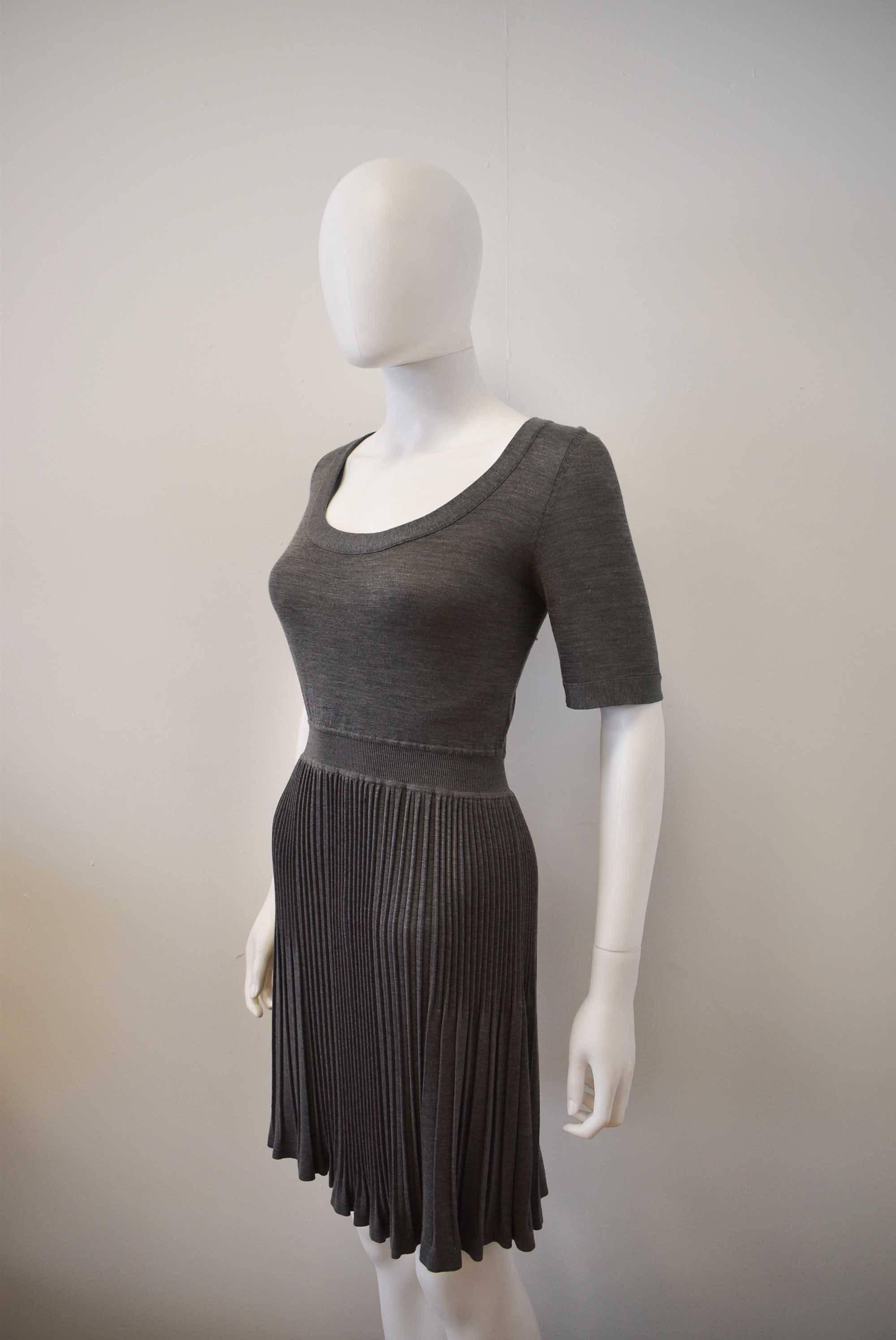 Black Balenciaga Grey Silk and Cashmere Fine Knit Dress with Pleated Skirt 2009