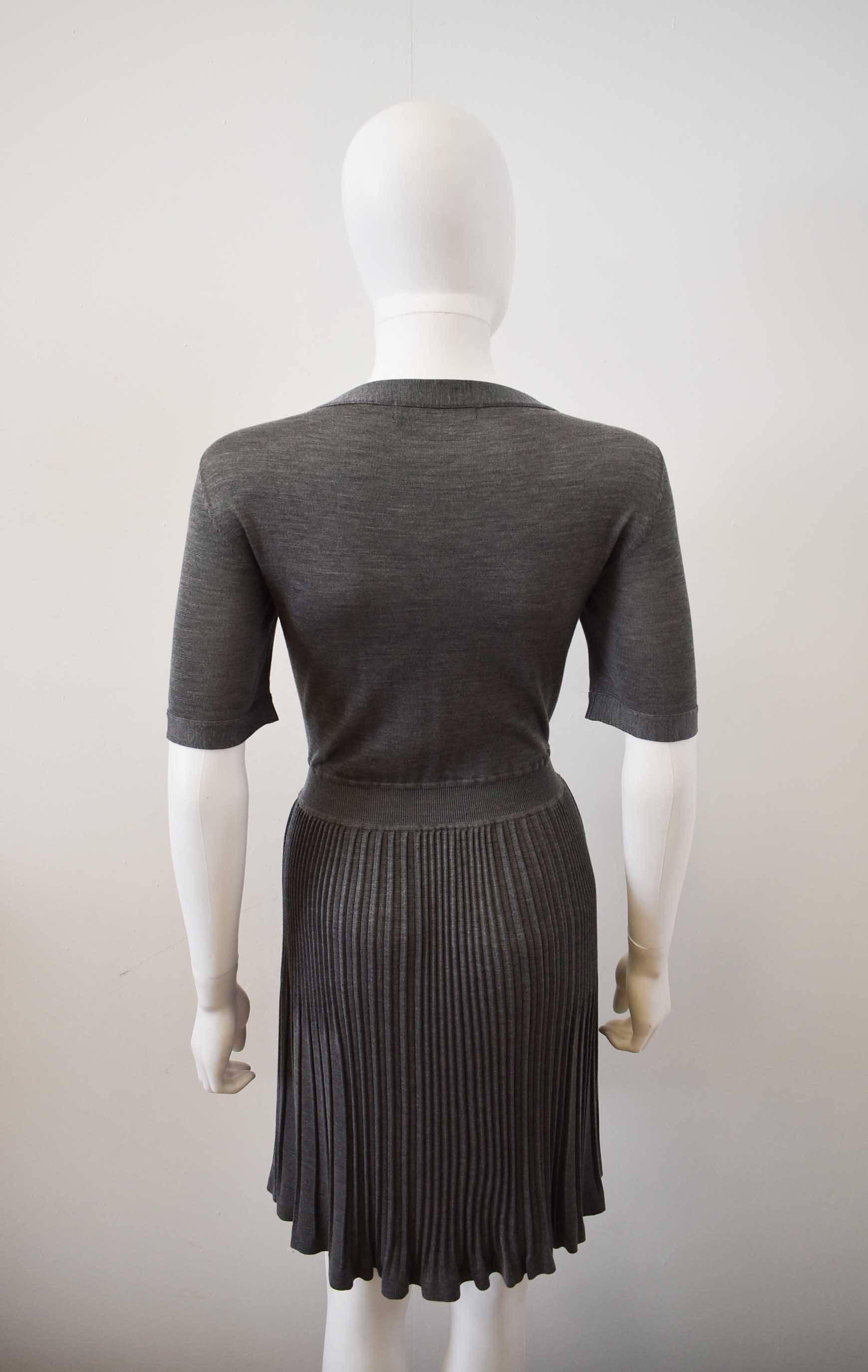 Women's Balenciaga Grey Silk and Cashmere Fine Knit Dress with Pleated Skirt 2009