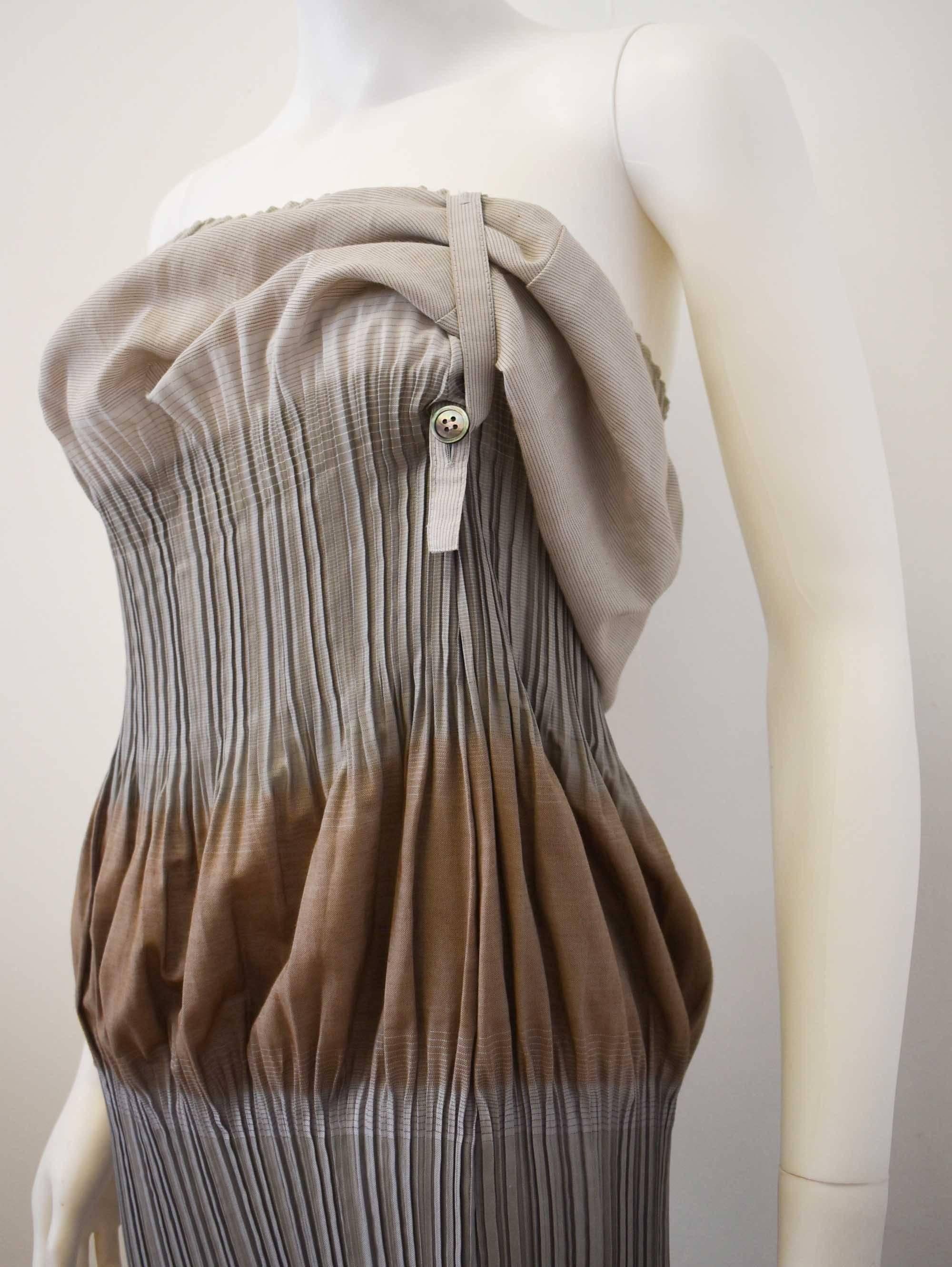 Gray Issey Miyake FETE, Grey and Brown Asymmetric Pleated Dress with Adjustable Strap For Sale