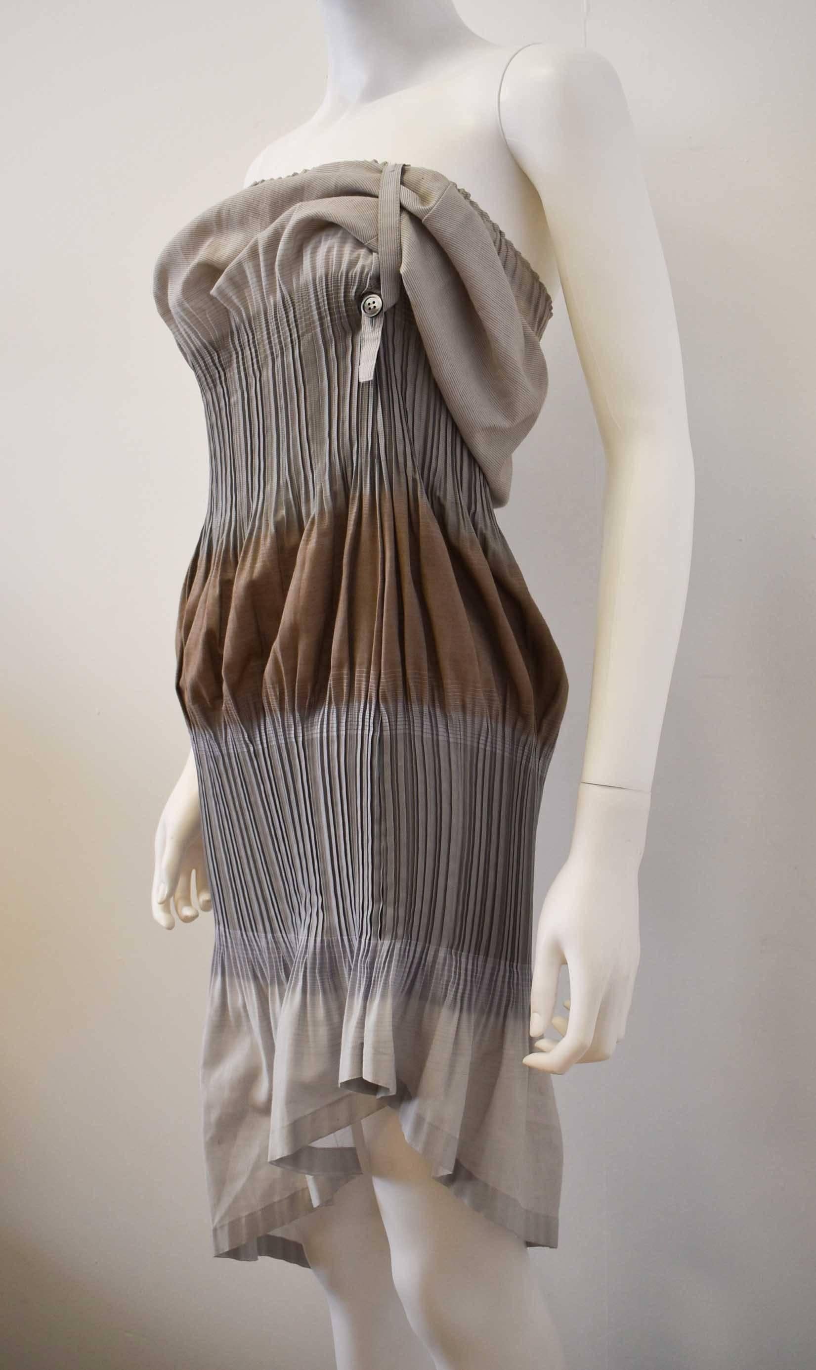 Women's Issey Miyake FETE, Grey and Brown Asymmetric Pleated Dress with Adjustable Strap For Sale