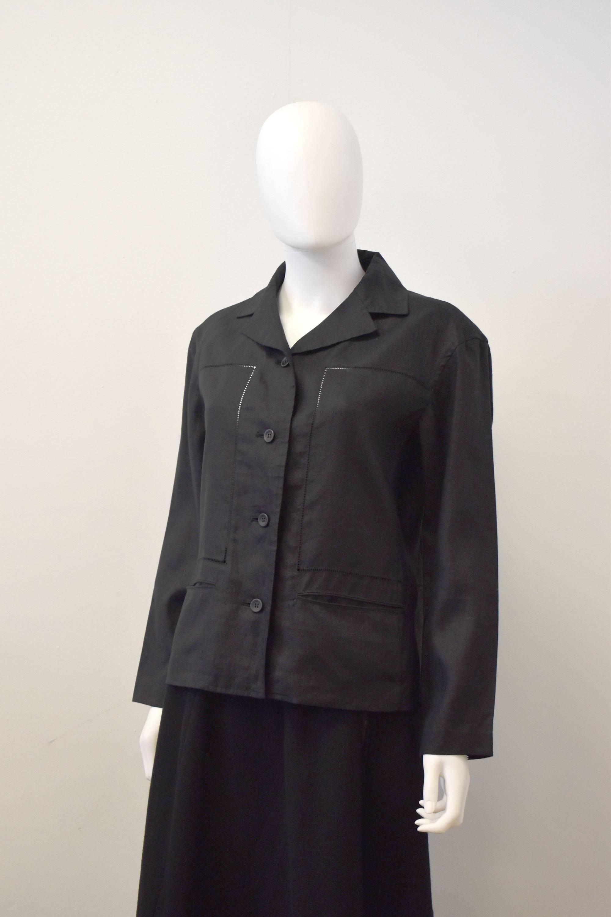 Women's Issey Miyake Black Linen Jacket with fagotted panels  For Sale