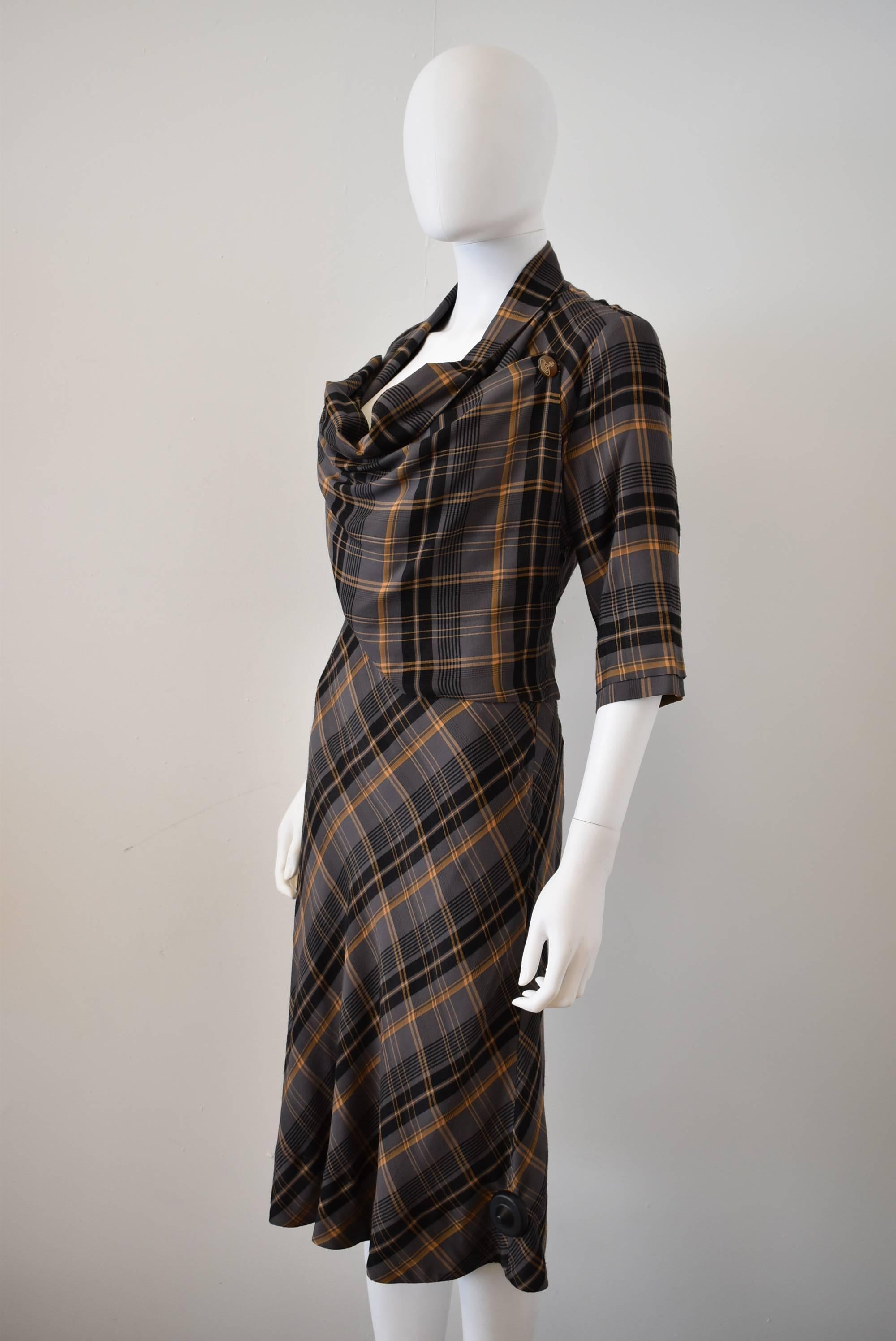 Vivienne Westwood Red Label Grey Tartan Check Dress with Cowl Neck Bib Front For Sale 1