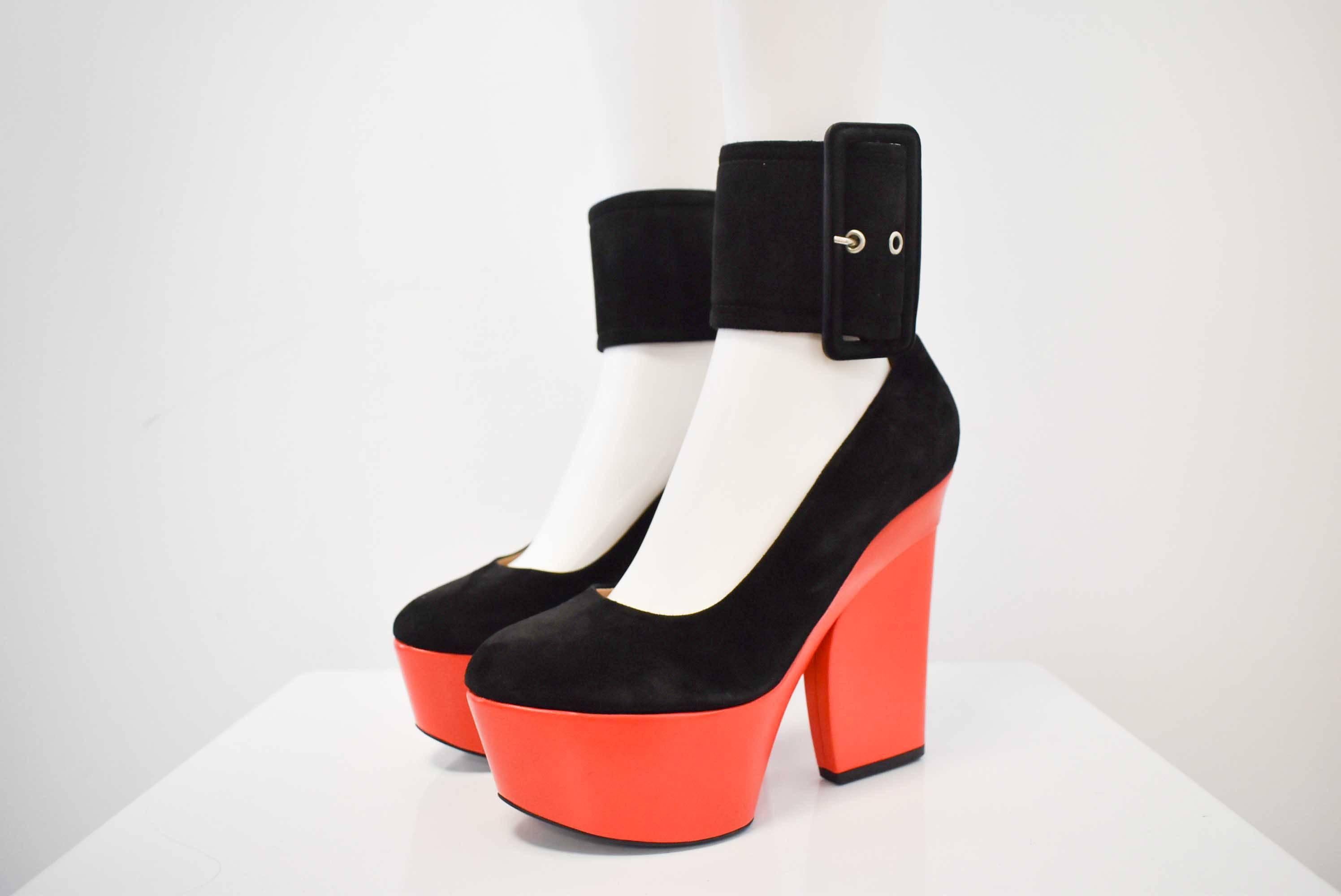 Women's Celine S/S12 Black Suede and Red Leather Platform Ankle Strap Heels Size 38.5