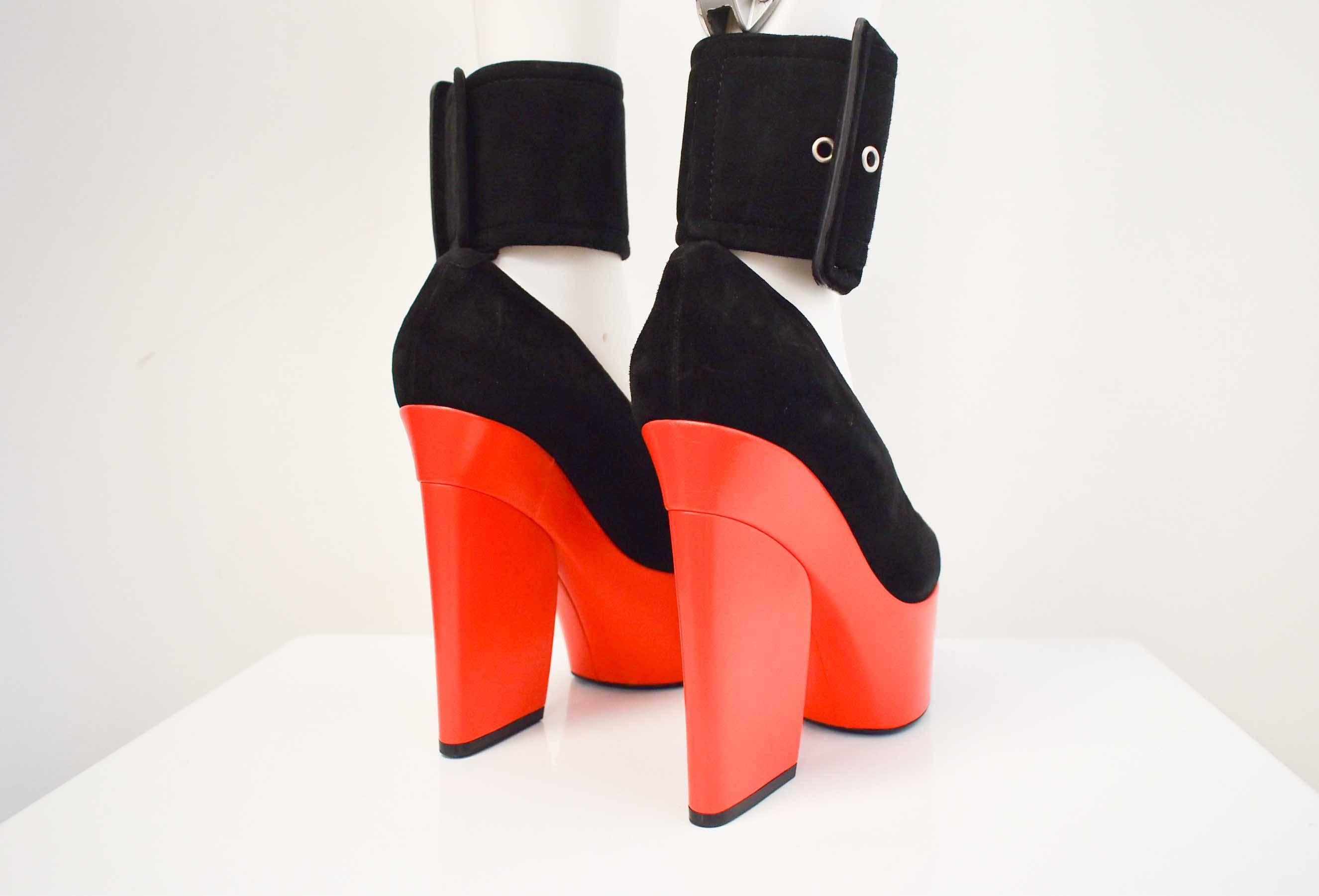 Celine S/S12 Black Suede and Red Leather Platform Ankle Strap Heels Size 38.5 2