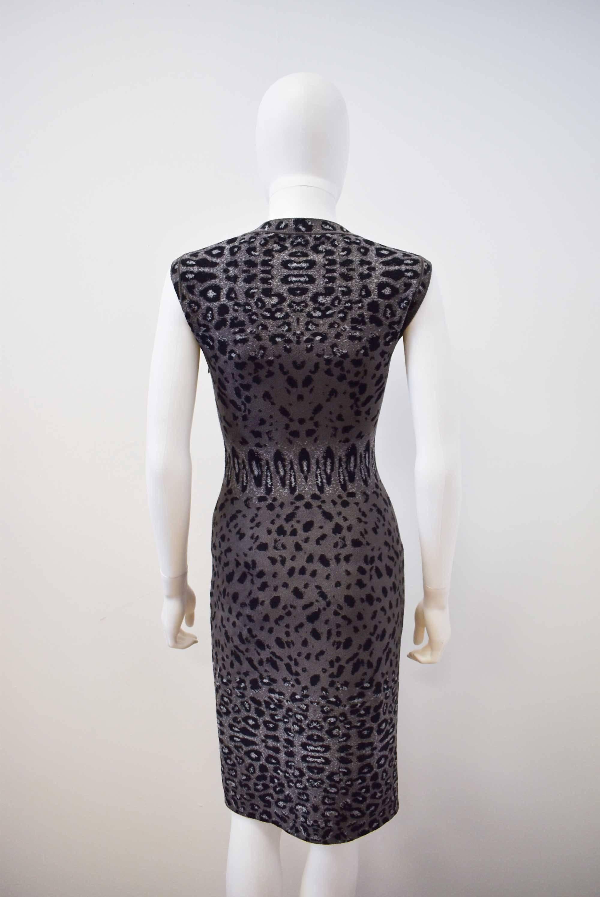 Black Azzedine Alaia Soft Grey Cashmere Mix Leopard Print Bodycon Dress