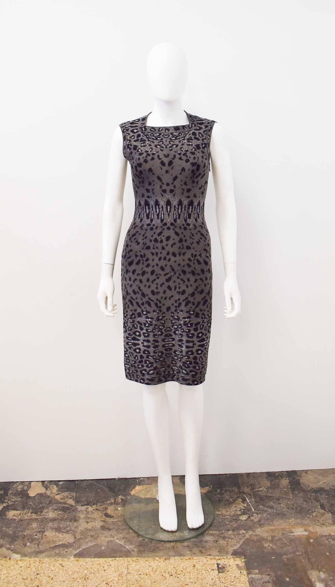 Azzedine Alaia Soft Grey Cashmere Mix Leopard Print Bodycon Dress 3