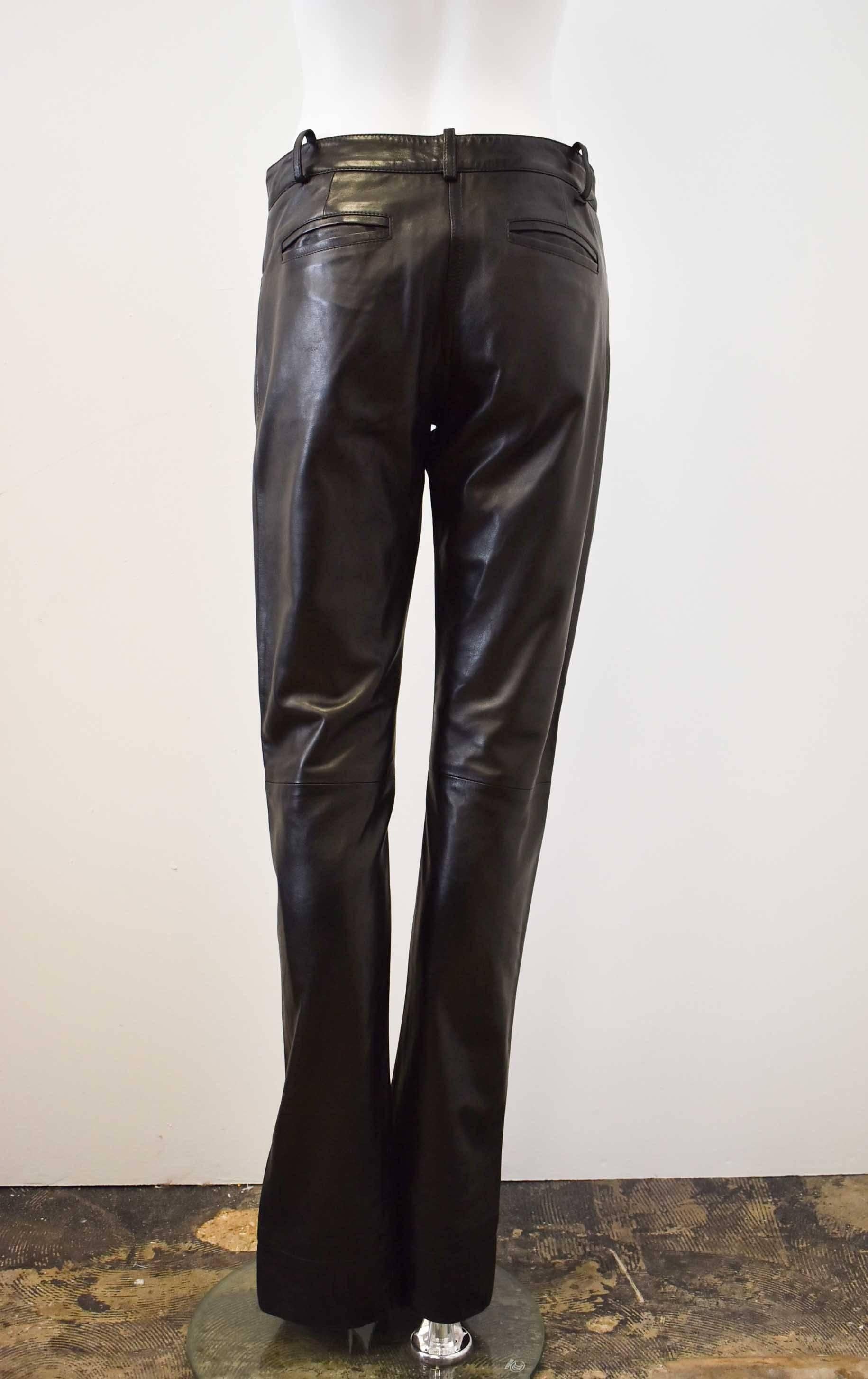 Women's Celine Soft Black Leather Trousers with Side Slit Details