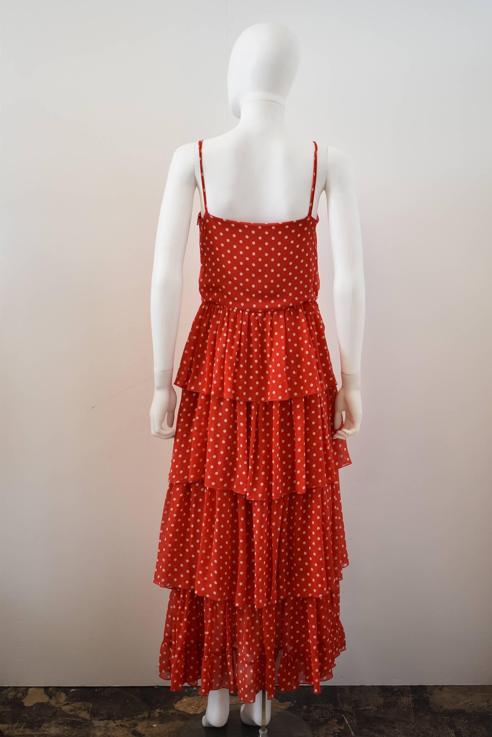 1970s Guy Laroche Red and white polka dot tiered ruffle dress In Good Condition In London, GB