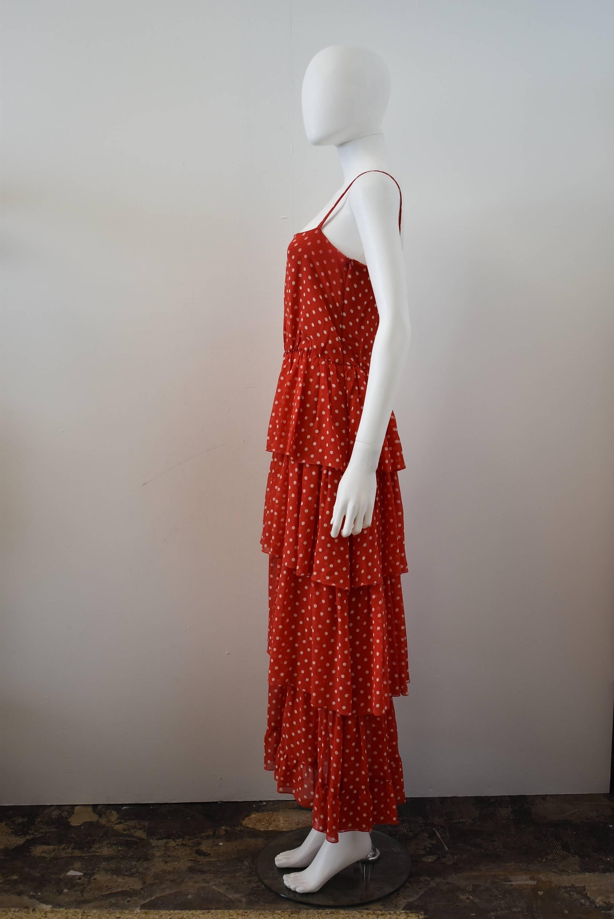 Women's 1970s Guy Laroche Red and white polka dot tiered ruffle dress