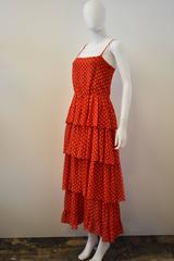 1970s Guy Laroche Red and white polka dot tiered ruffle dress