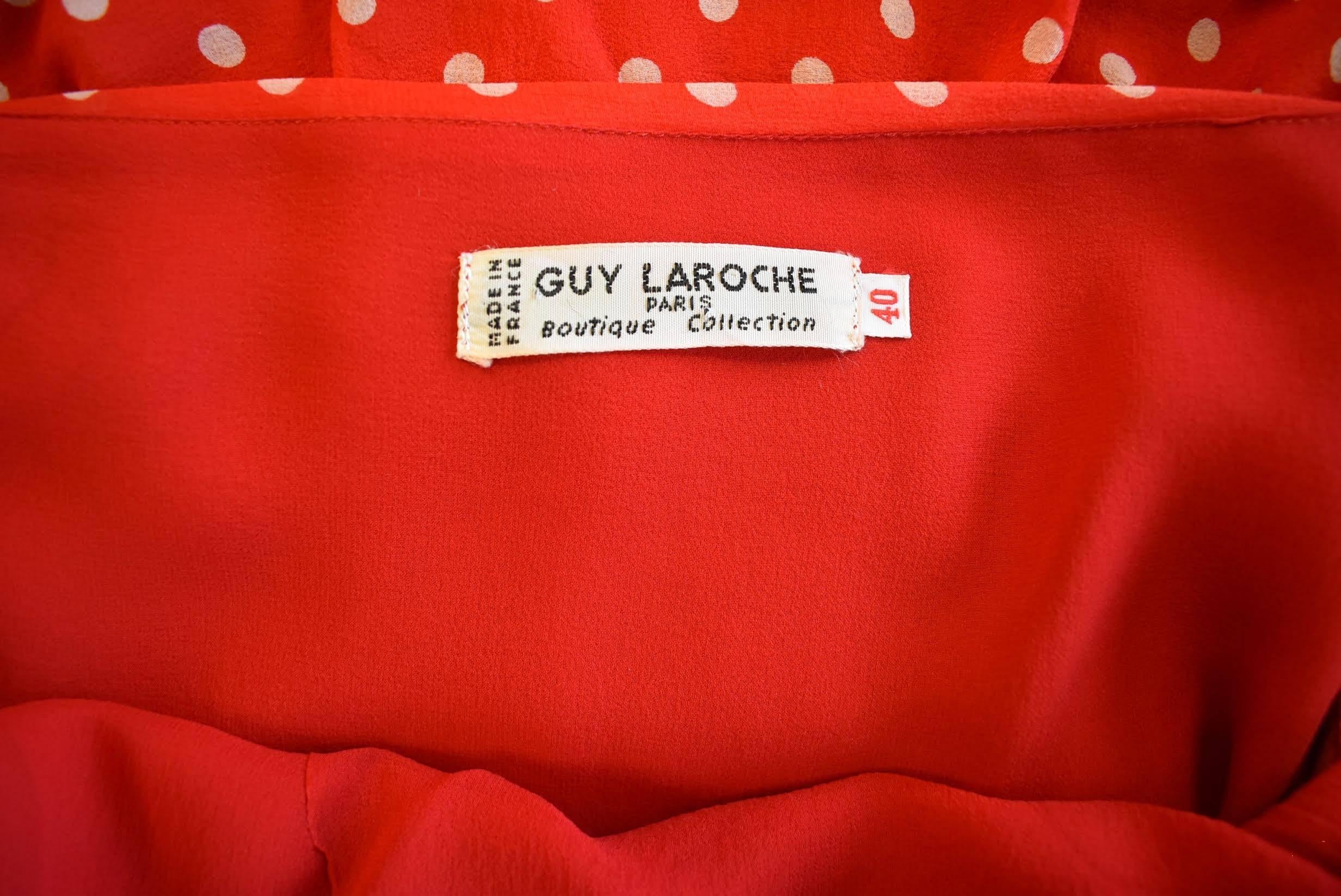 1970s Guy Laroche Red and white polka dot tiered ruffle dress 1
