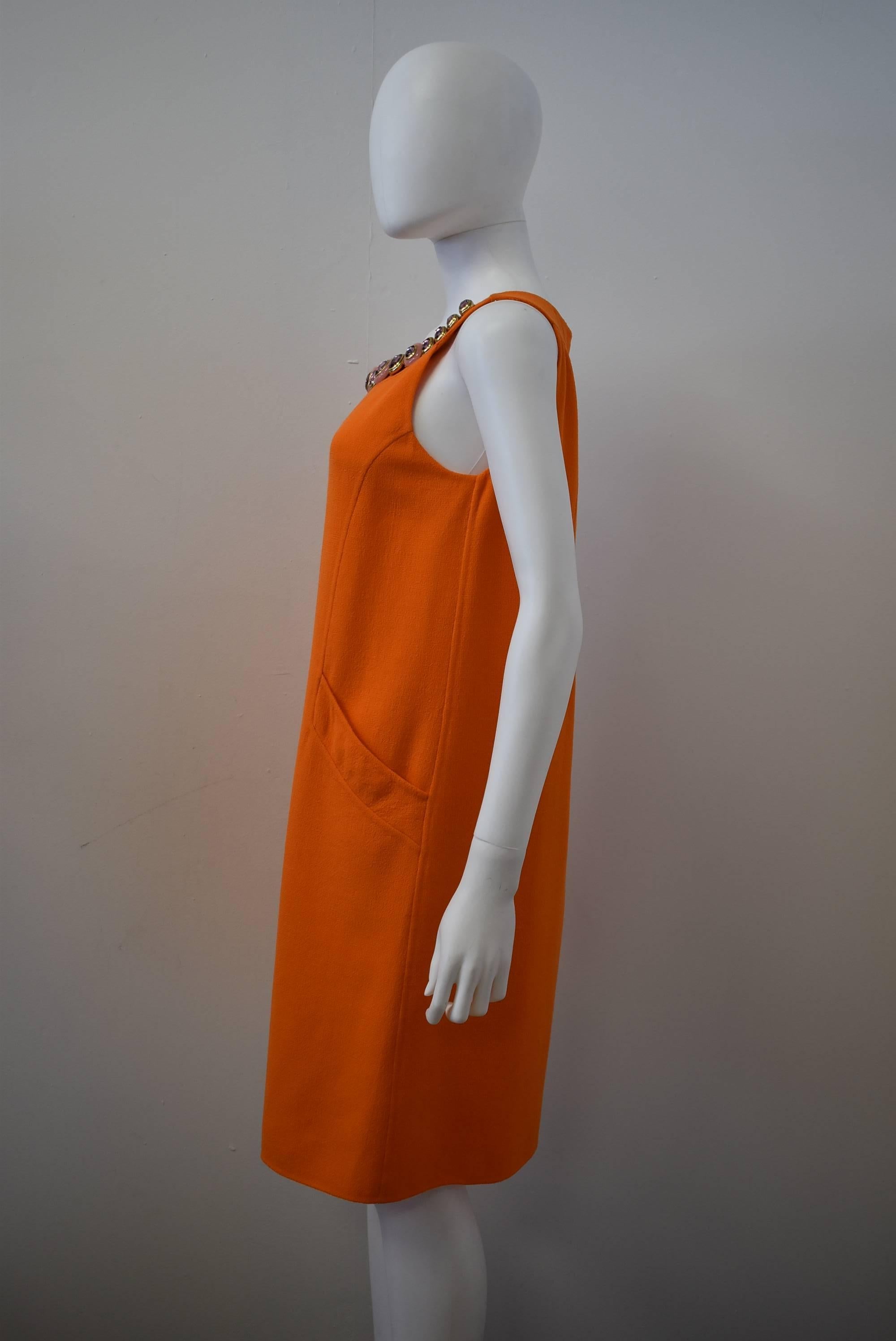 Oscar de La Renta Orange Shift Dress with Embellished Collar S/S 2014 In Excellent Condition In London, GB