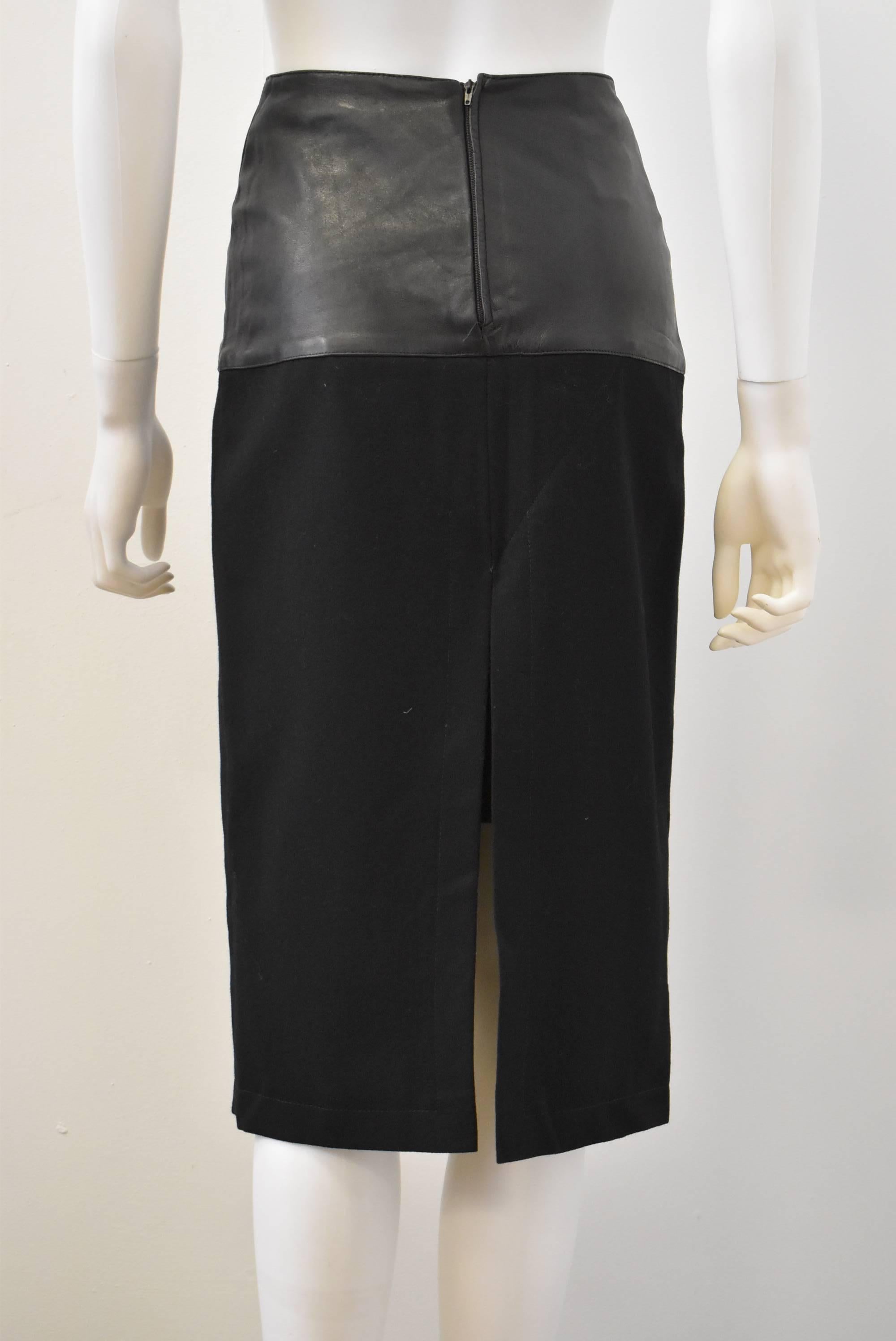 Women's 1980s Claude Montana Black Faux-Leather and Wool Skirt 