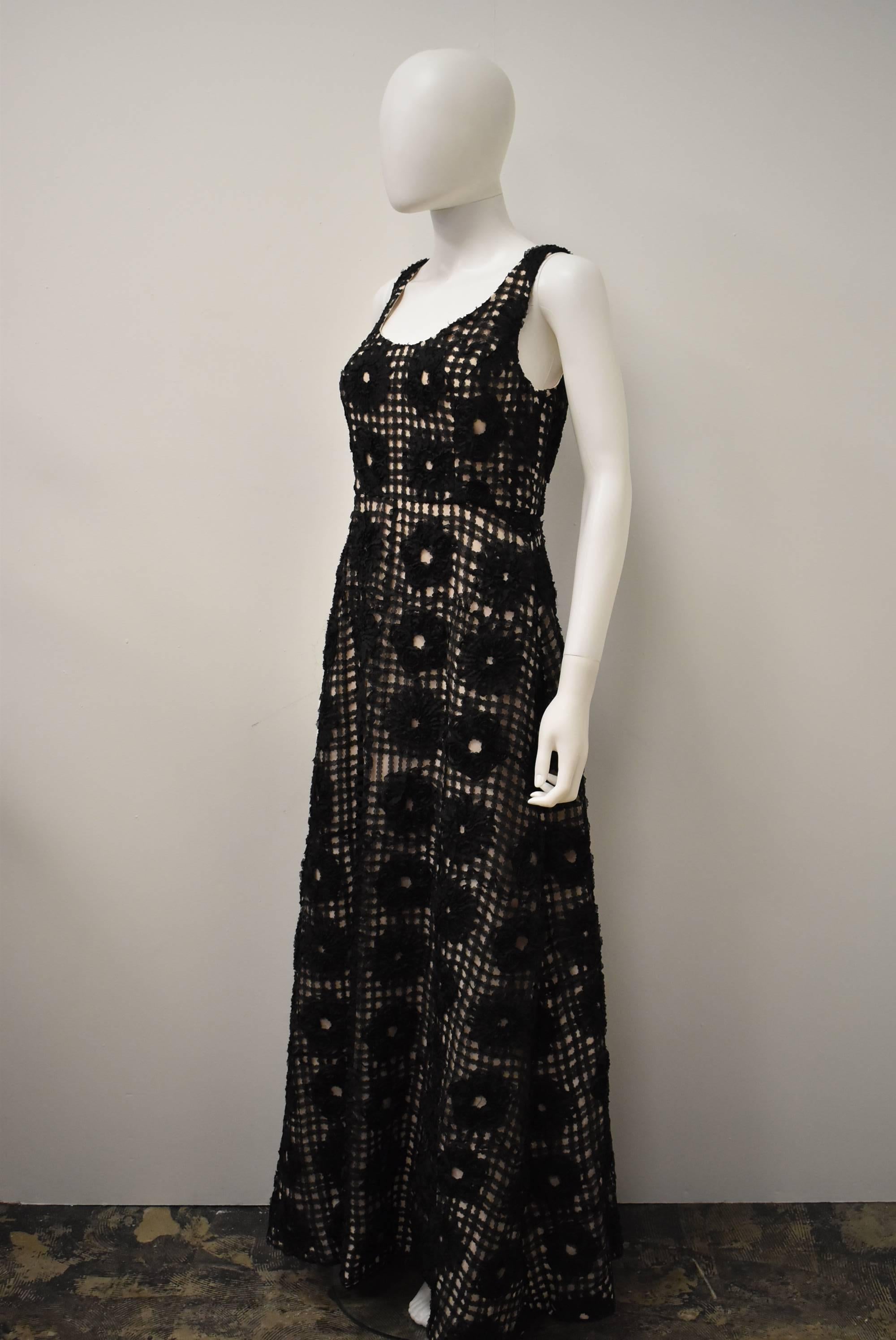 Leifsdottir Black and Cream Ribbon Layered Floral Floor-length Dress In Good Condition In London, GB