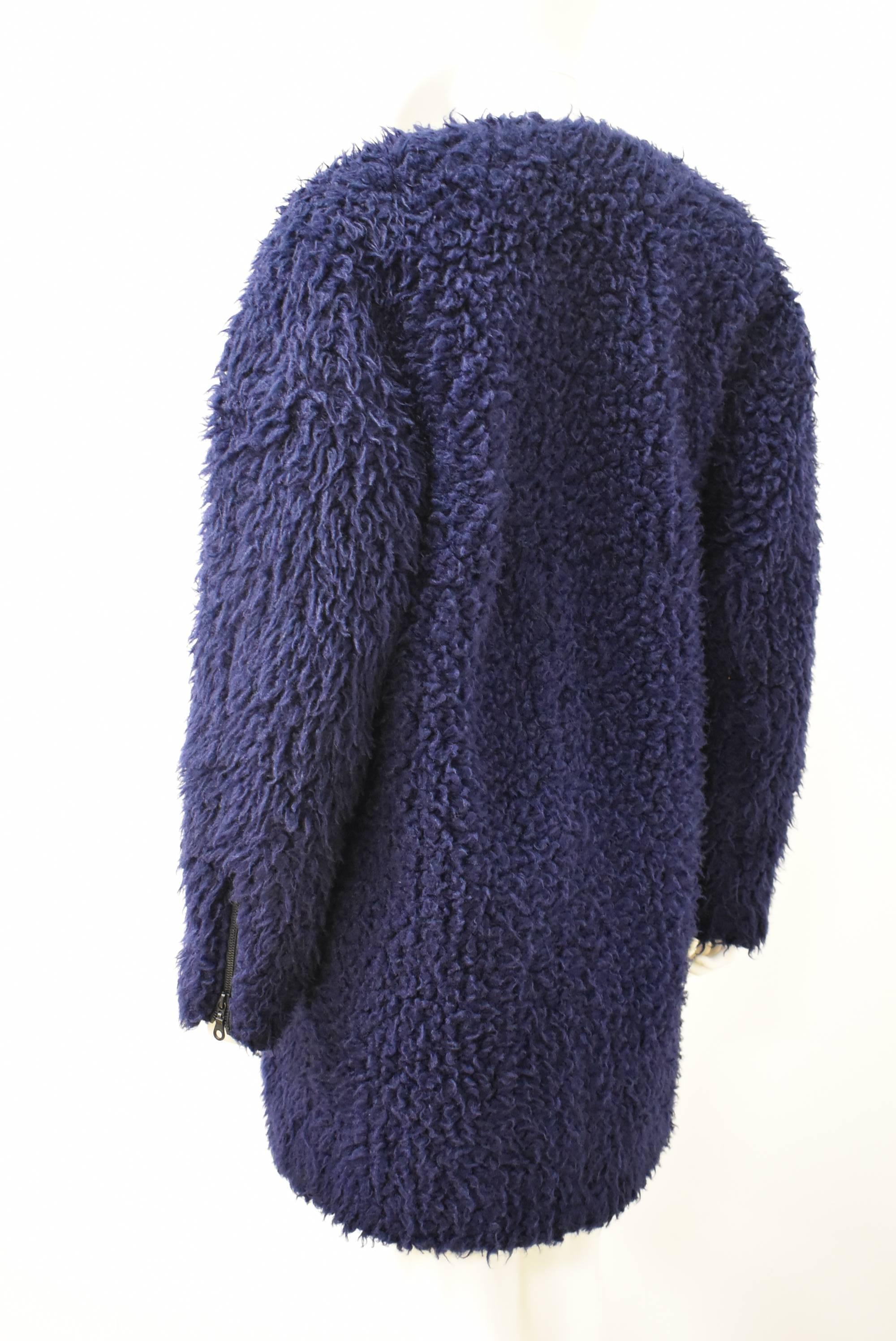 Kenzo Blue Collarless Faux Fur Coat with Drop Shoulders In Excellent Condition In London, GB