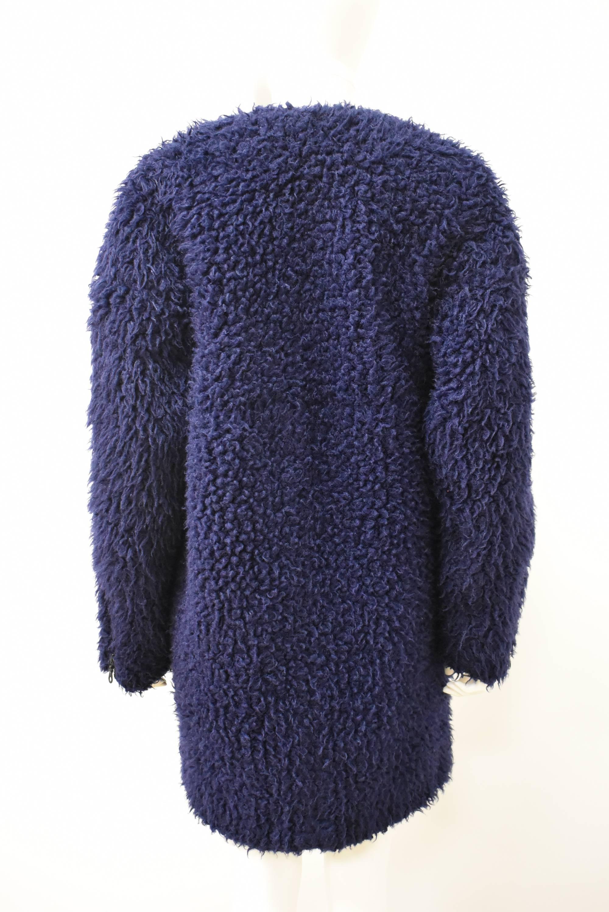 Women's Kenzo Blue Collarless Faux Fur Coat with Drop Shoulders