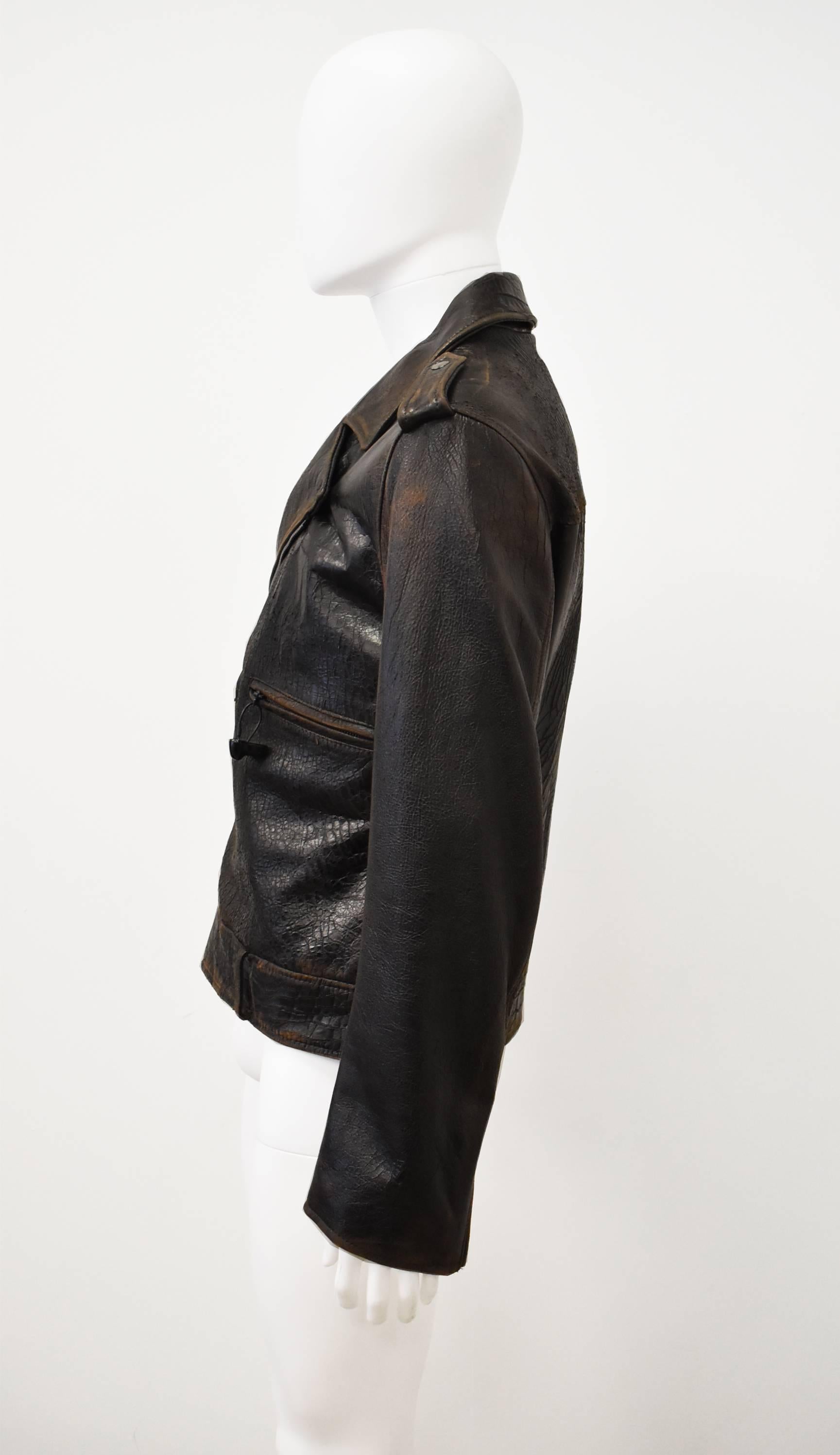 Gray Maison Martin Margiela Dark Brown Leather Biker Jacket Faux Croc Effect