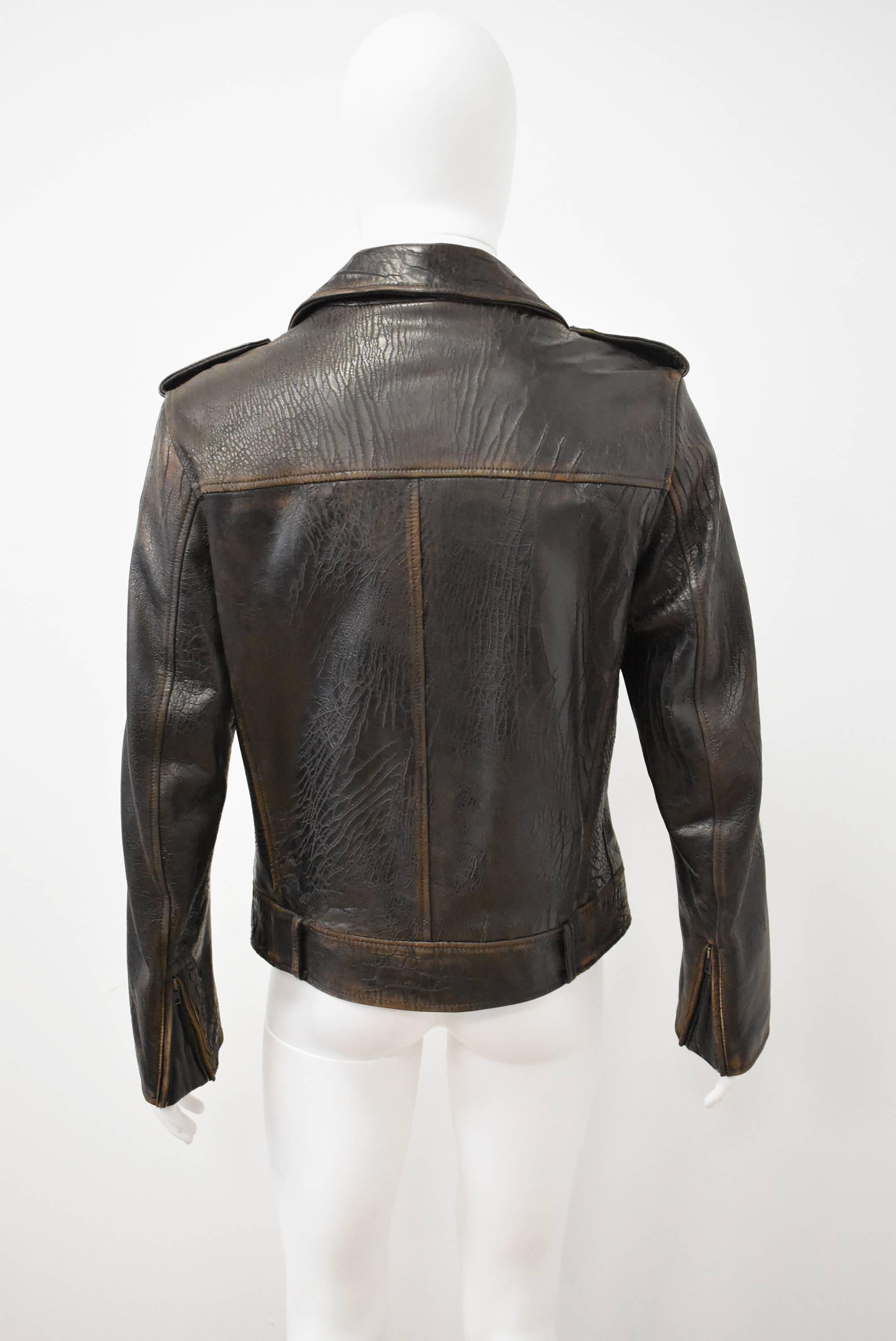 Maison Martin Margiela Dark Brown Leather Biker Jacket Faux Croc Effect In New Condition In London, GB