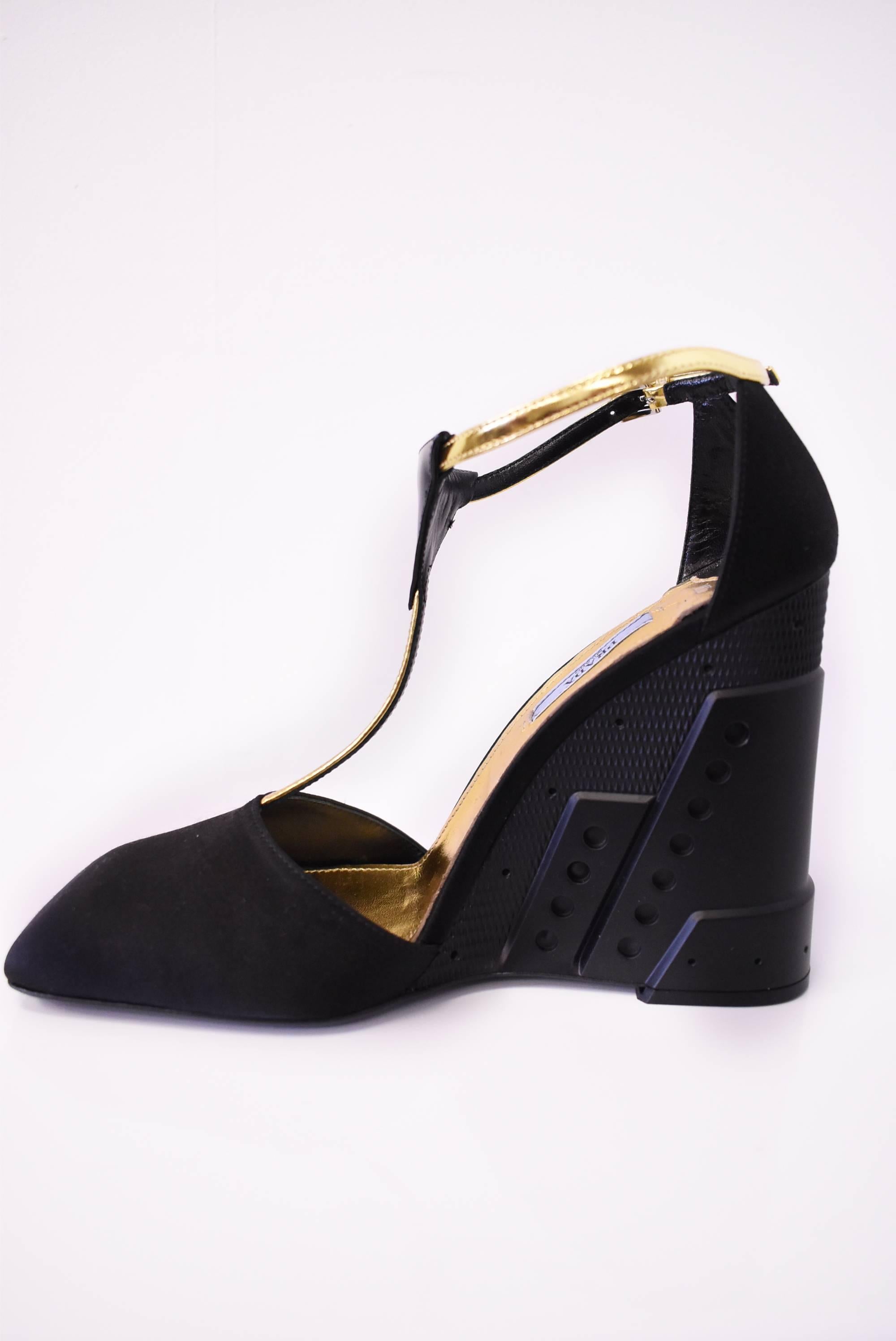Prada Black Wedge Shoes with Gold Ankle Strap Unworn with Box and Dustbag A/W 14 For Sale 2