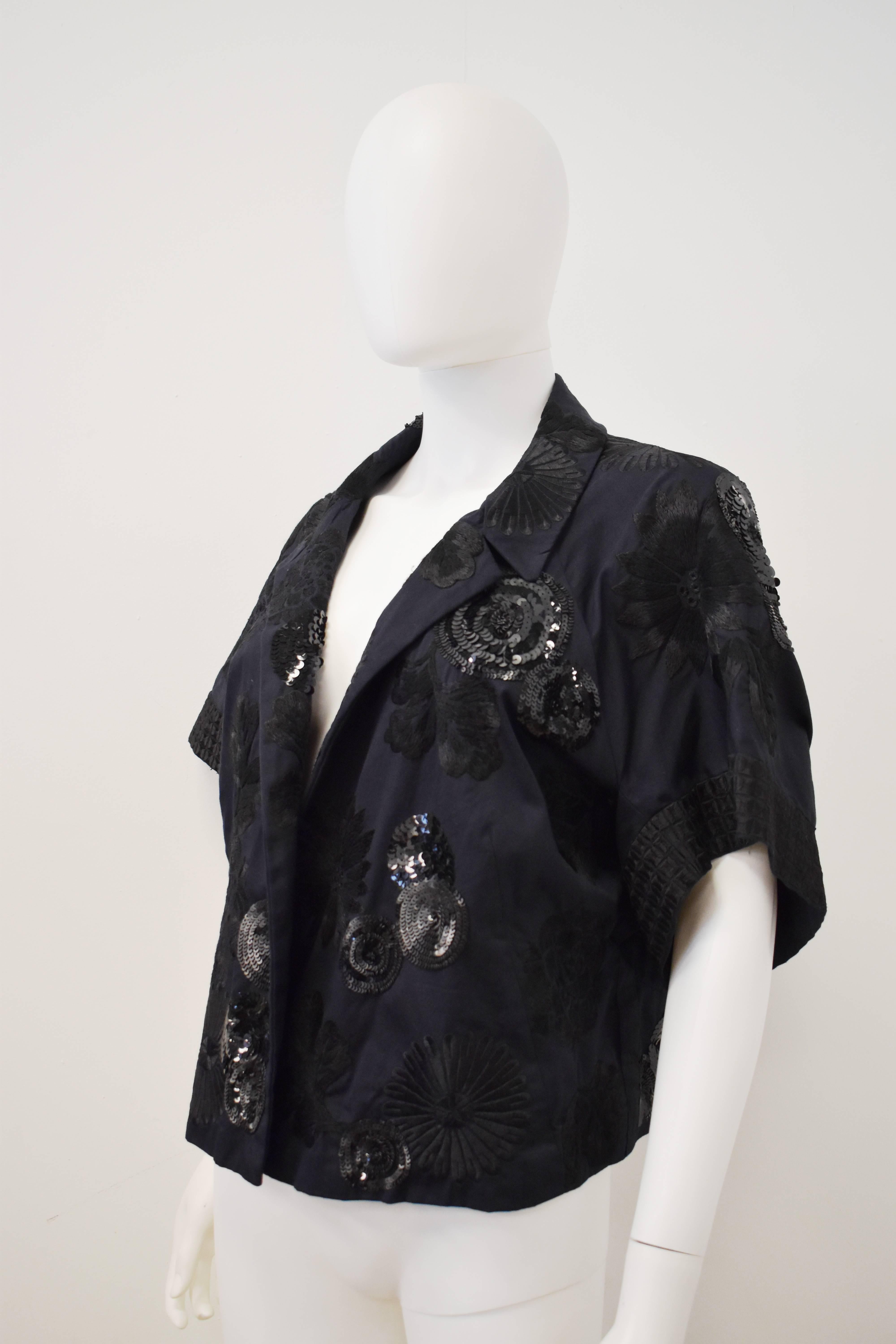 Dries Van Noten black cropped jacket with floral embroideries and circular sequin details. Haori-like cut. 