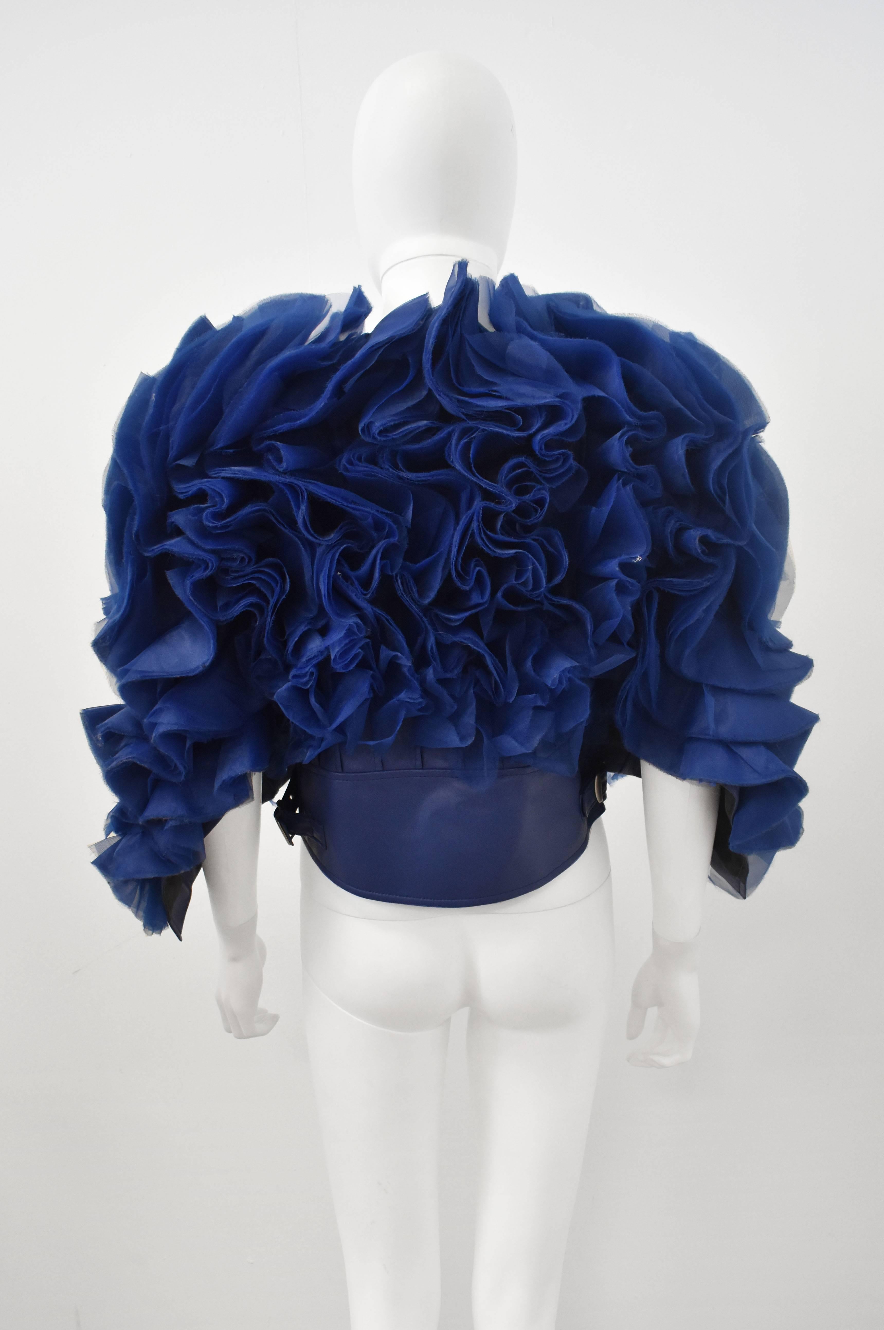 Blue Junya Watanabe blue faux leather jacket with ruffles For Sale