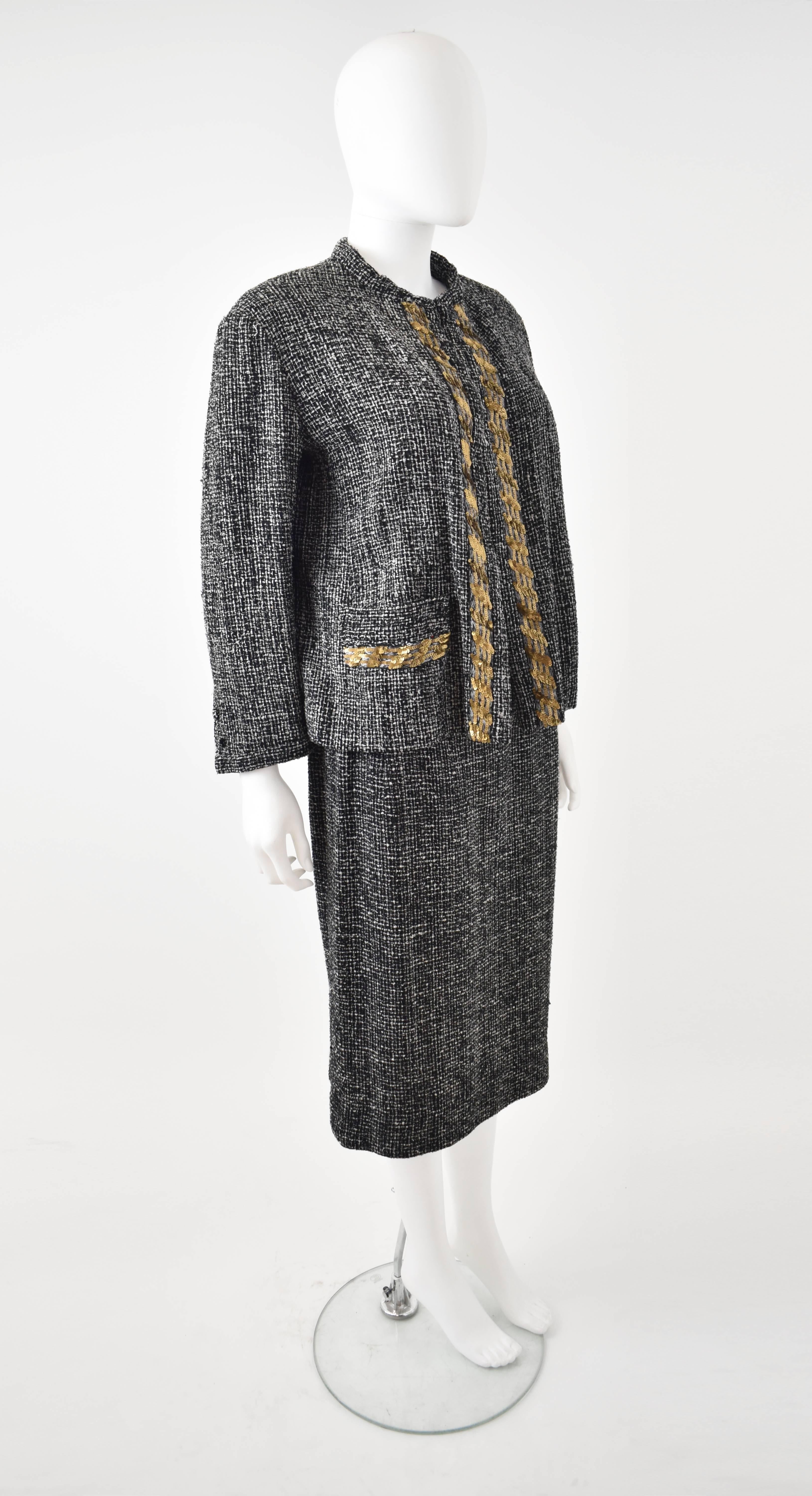 Yohji Yamamoto ‘Chanel Homage’ Black and White Tweed Skirt Suit with Gold Sequin In Excellent Condition For Sale In London, GB