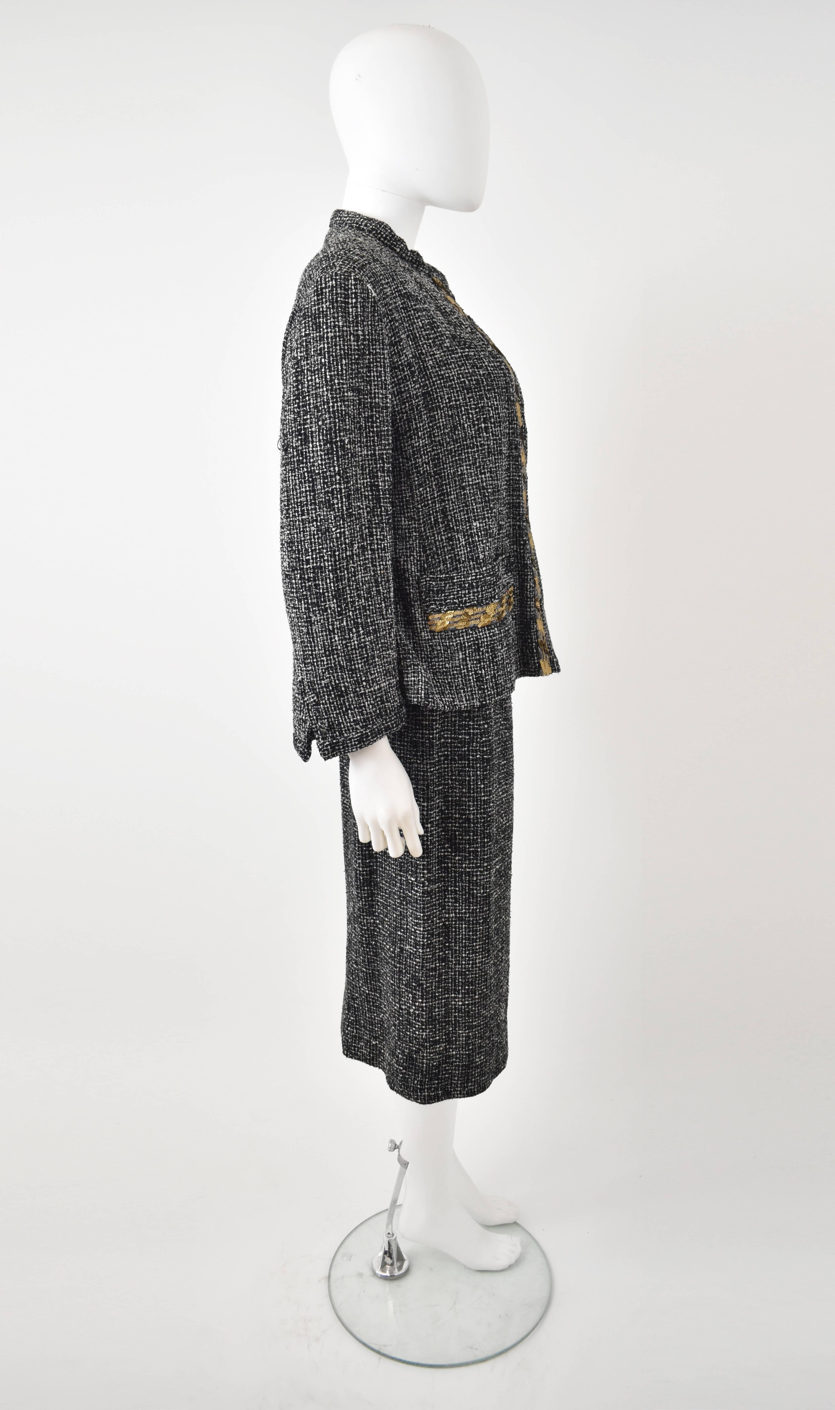 Women's Yohji Yamamoto ‘Chanel Homage’ Black and White Tweed Skirt Suit with Gold Sequin For Sale