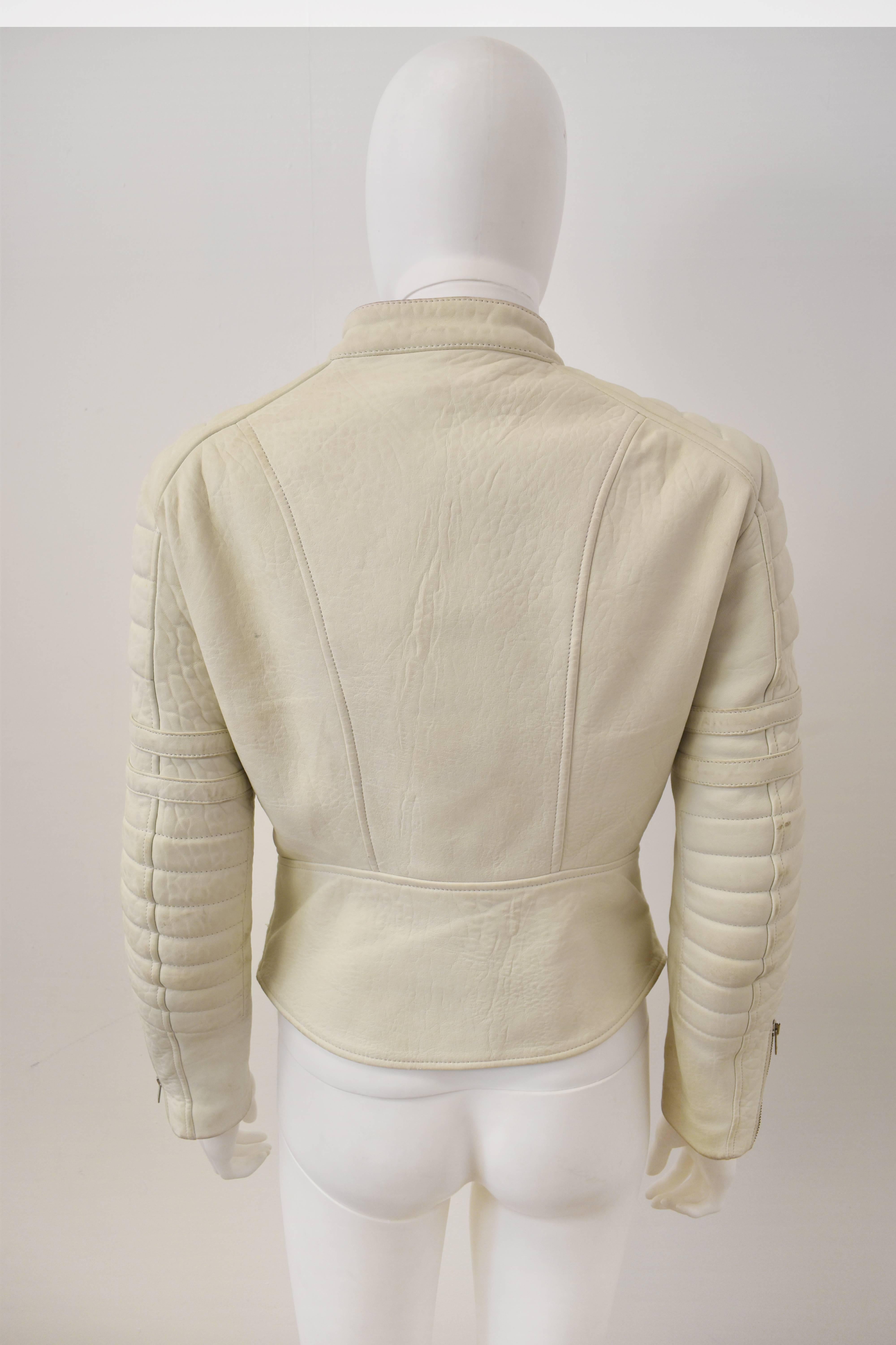 Beige Celine Cream Leather Biker Jacket with Padding and Hardware Details A/W 2010