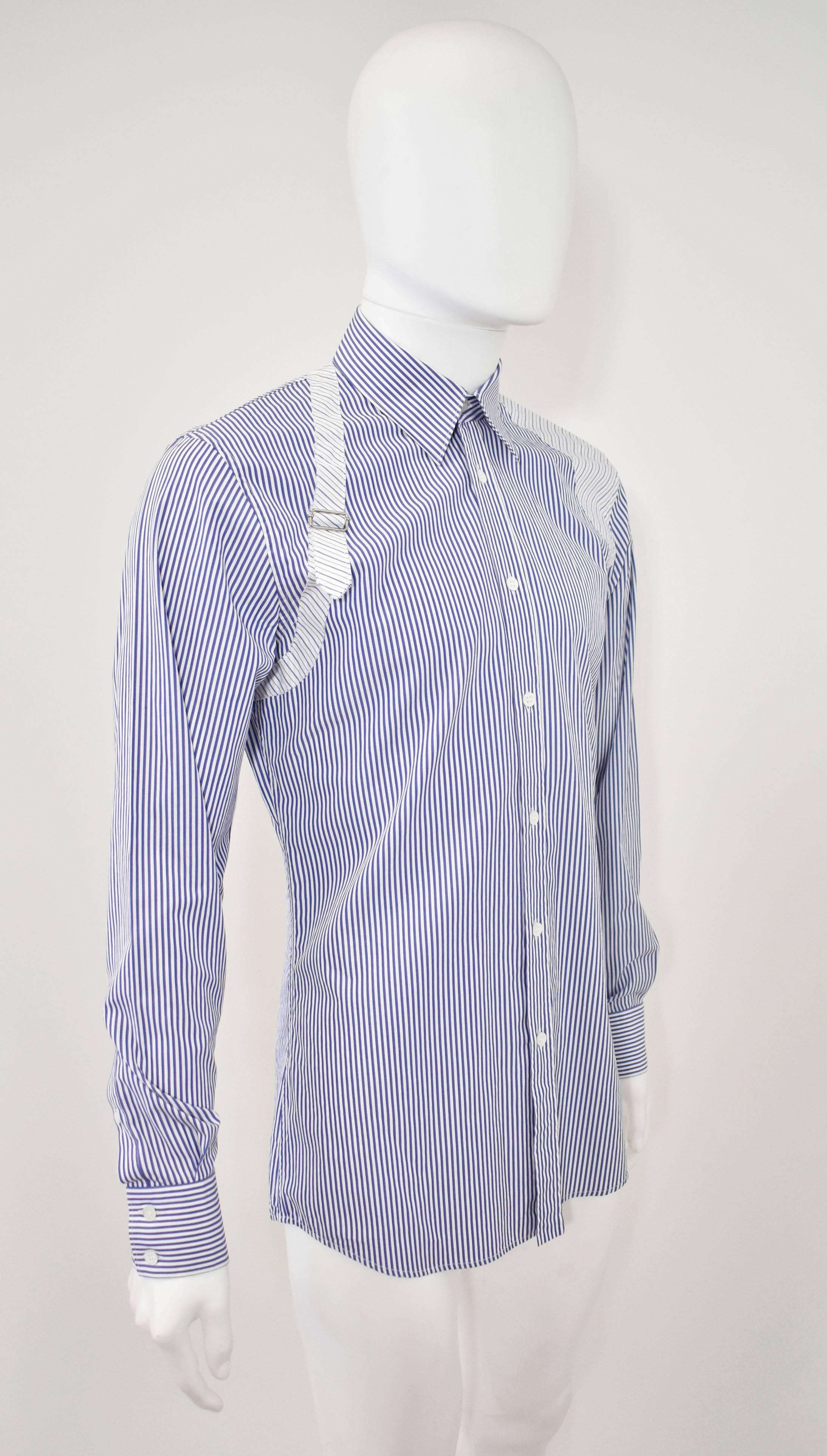 A white & blue stripe shirt with harness by Alexander Mcqueen. This is a press sample from the A/W 2015 menswear collection. It is in excellent condition. 


Length - 33
Bust - 40
Waist - 36
Hips - 39
Sleeve Length - 26.5