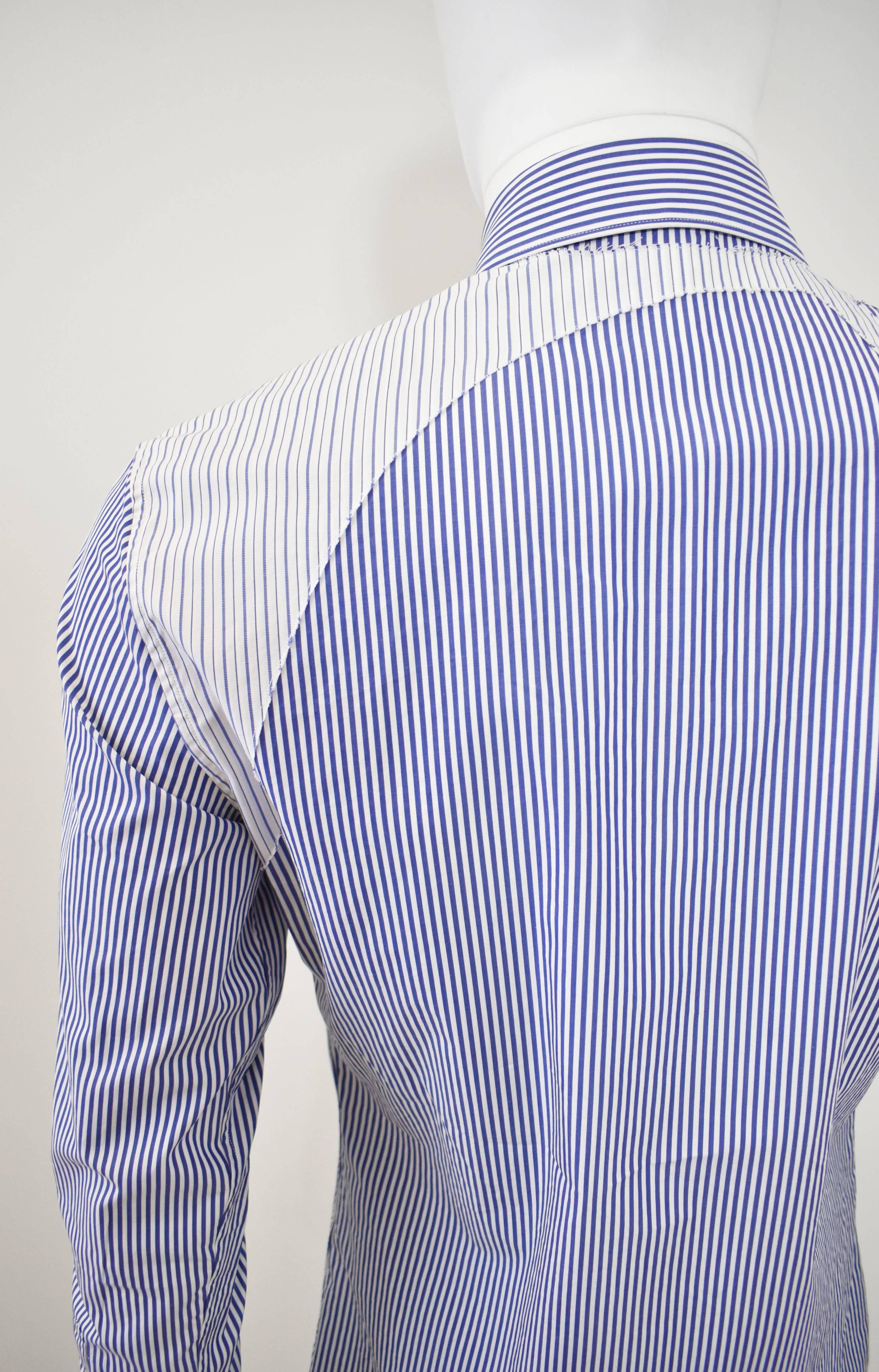 Men's Alexander McQueen White & Blue Stripe Shirt with Harness Press Sample A/W 2015