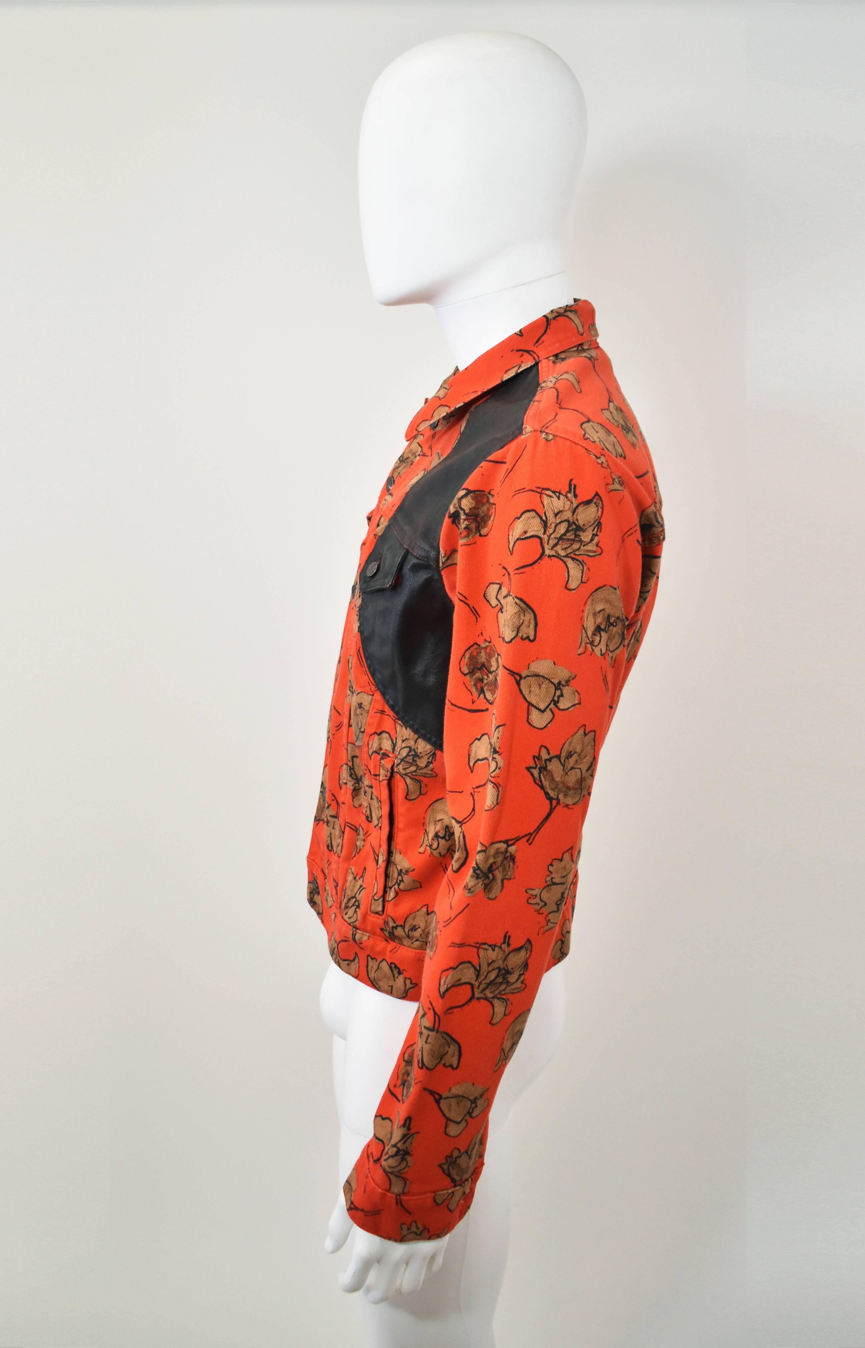 Red Dries Van Noten Orange Floral Print Denim Jacket with Concealed Belt and Waxed C For Sale