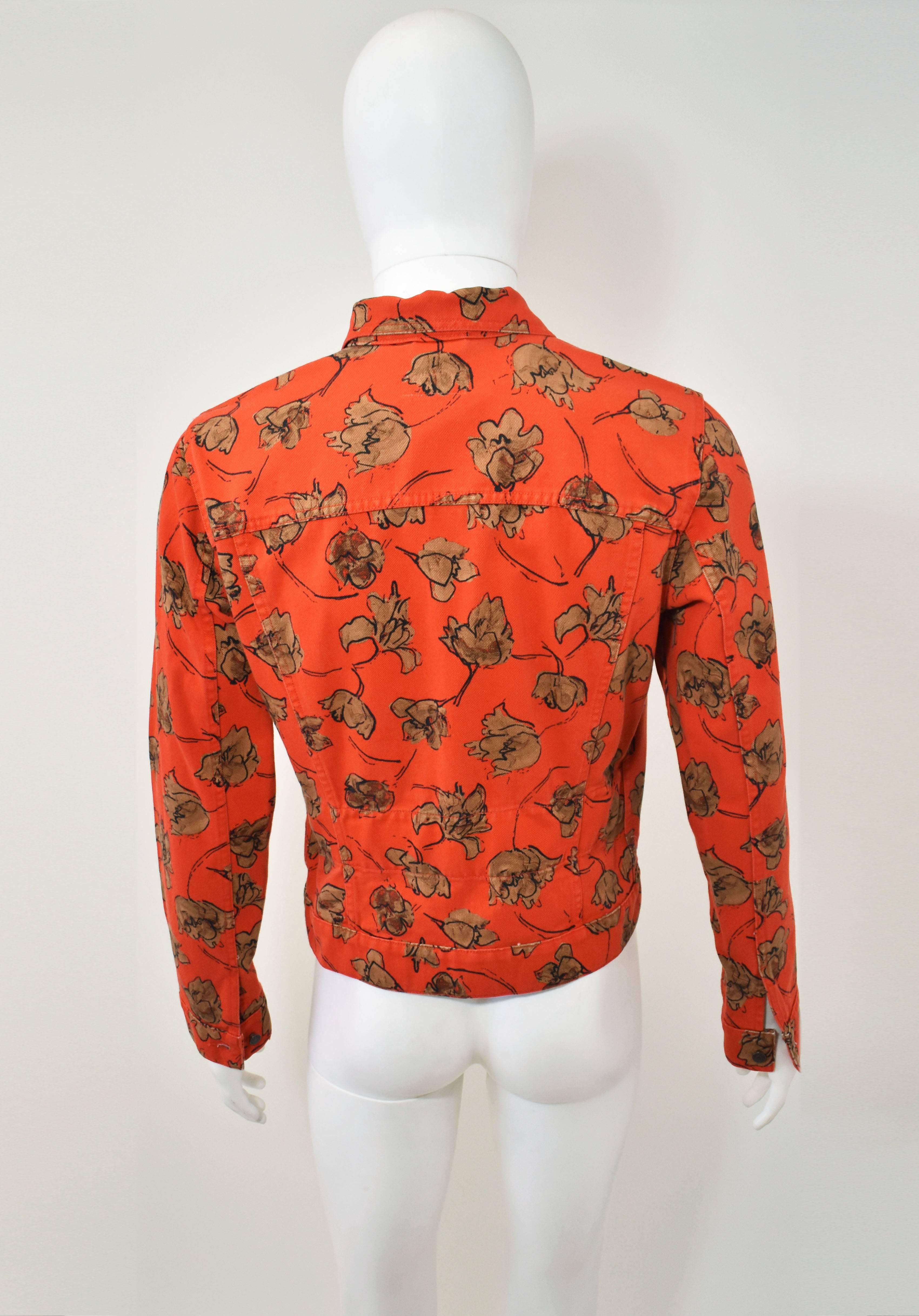 Dries Van Noten Orange Floral Print Denim Jacket with Concealed Belt and Waxed C In Excellent Condition For Sale In London, GB