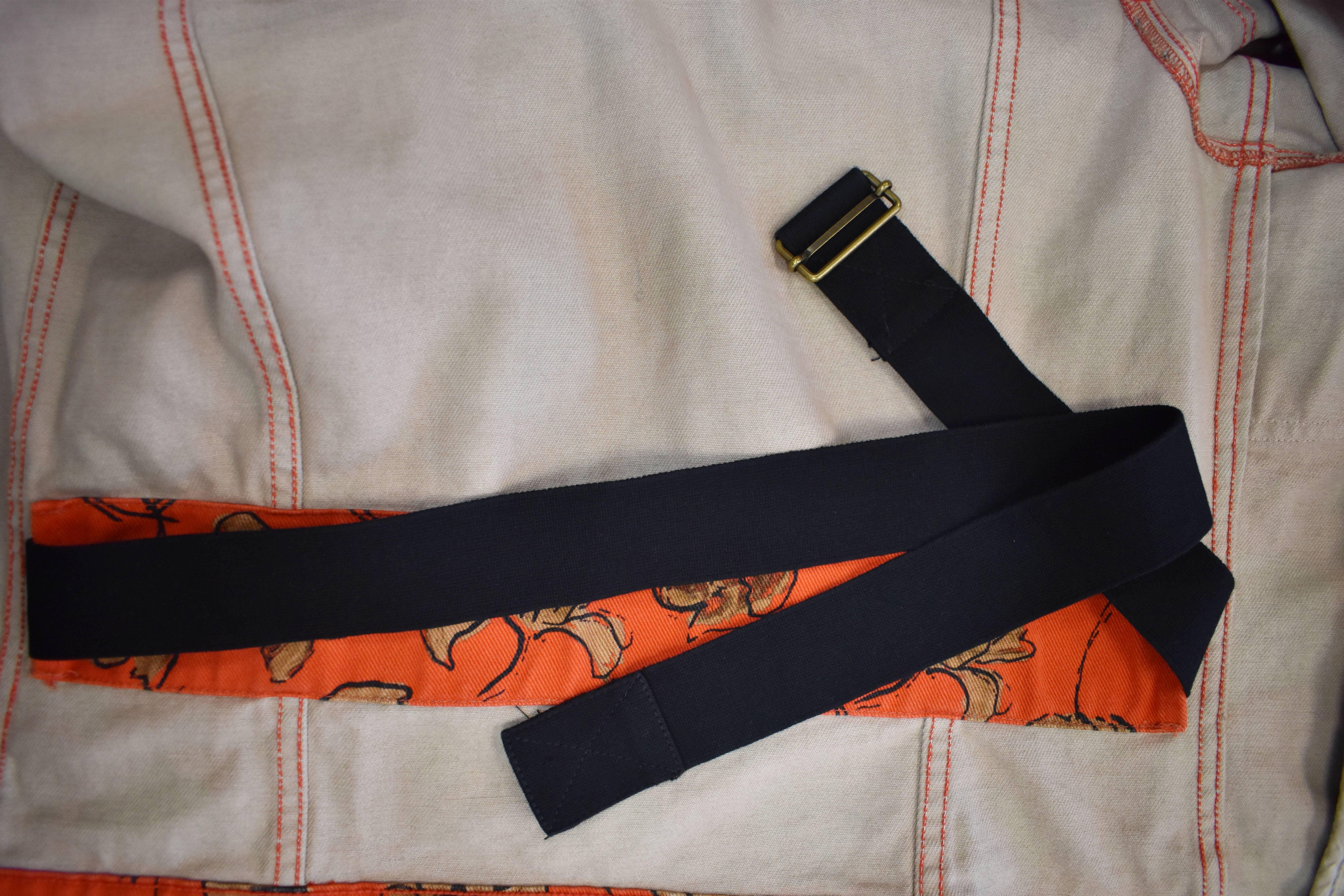 Men's Dries Van Noten Orange Floral Print Denim Jacket with Concealed Belt and Waxed C For Sale