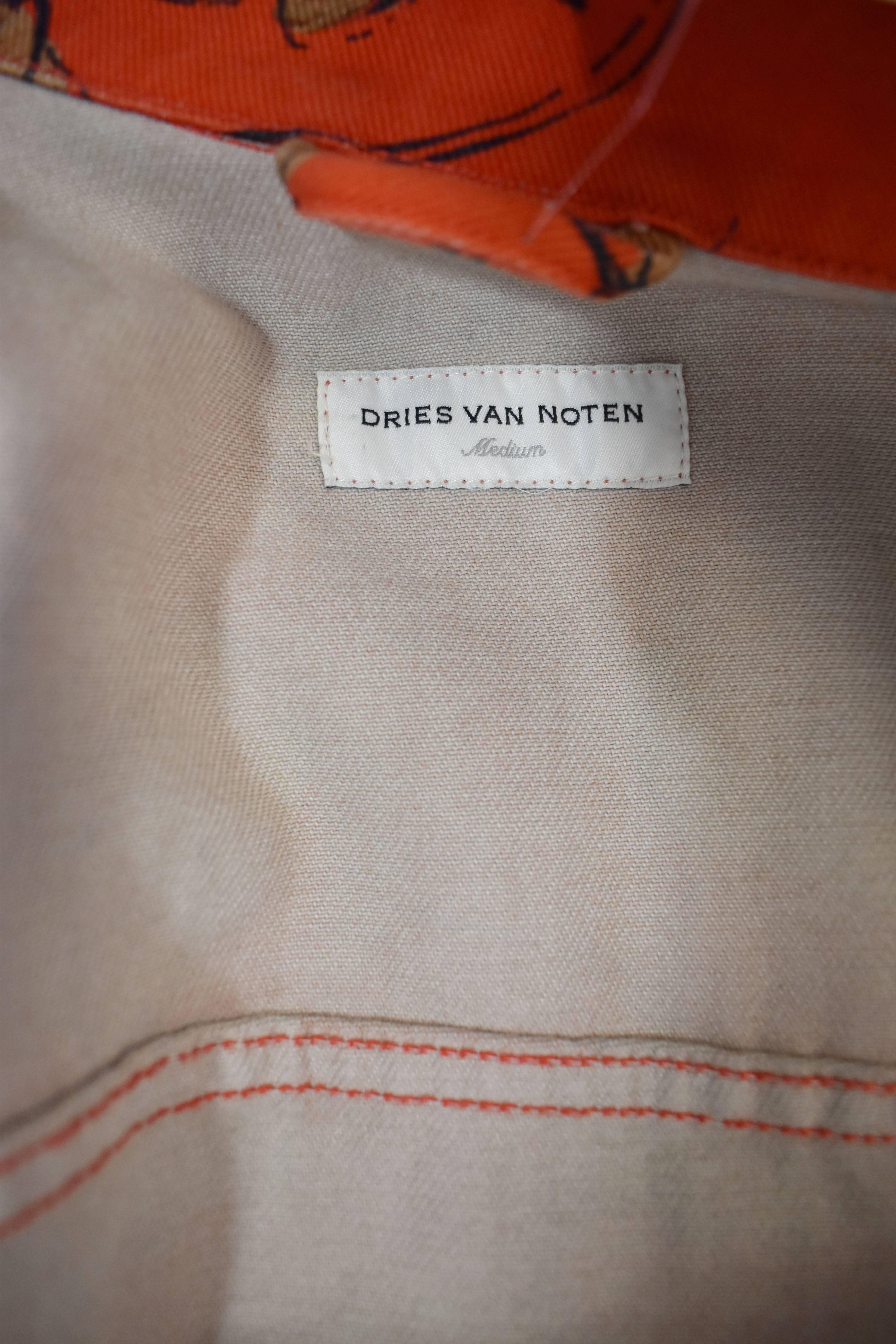 Dries Van Noten Orange Floral Print Denim Jacket with Concealed Belt and Waxed C For Sale 1