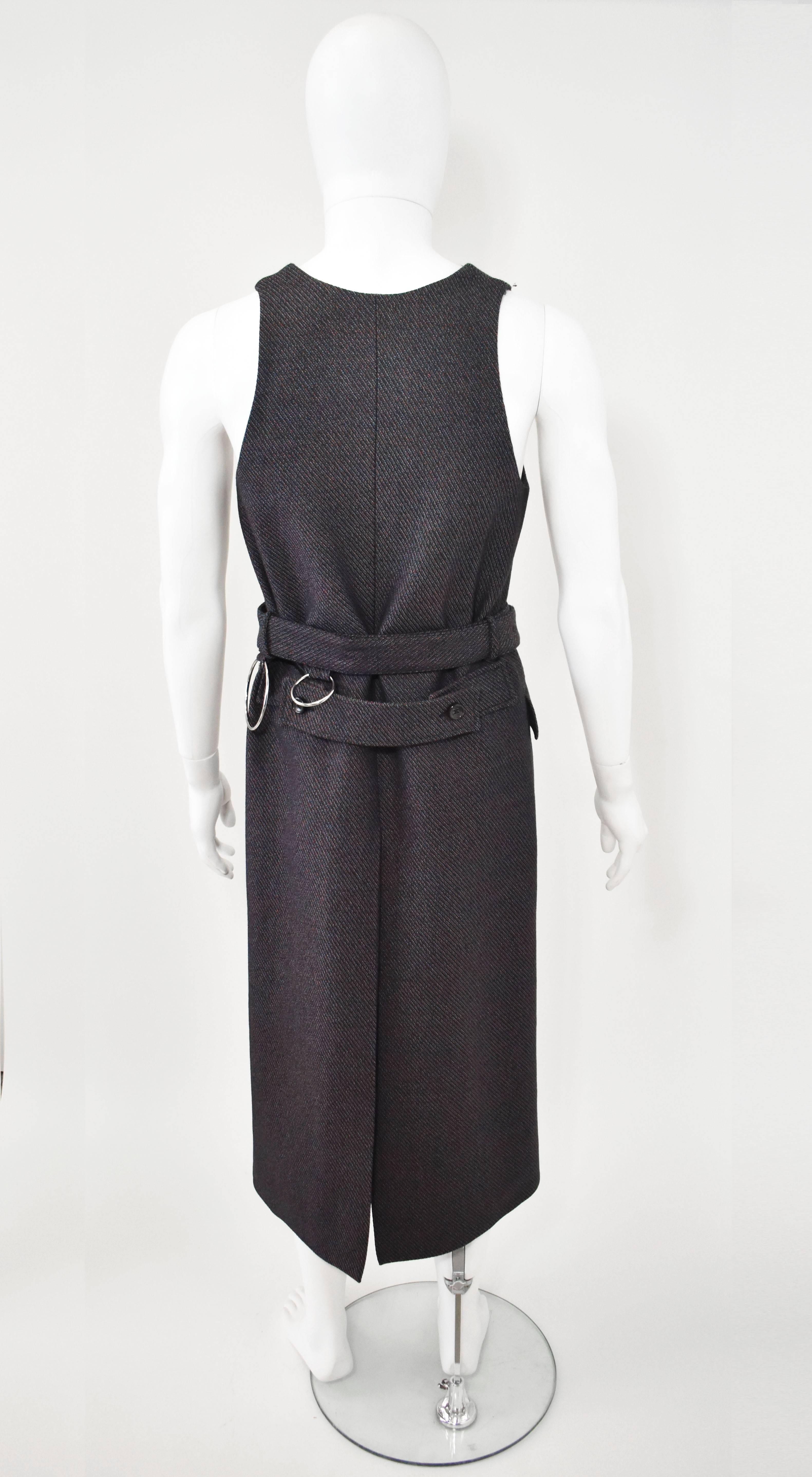Black Raf Simons Multicoloured Tweed Sleeveless Long Coat with Belt and Hardware Detai