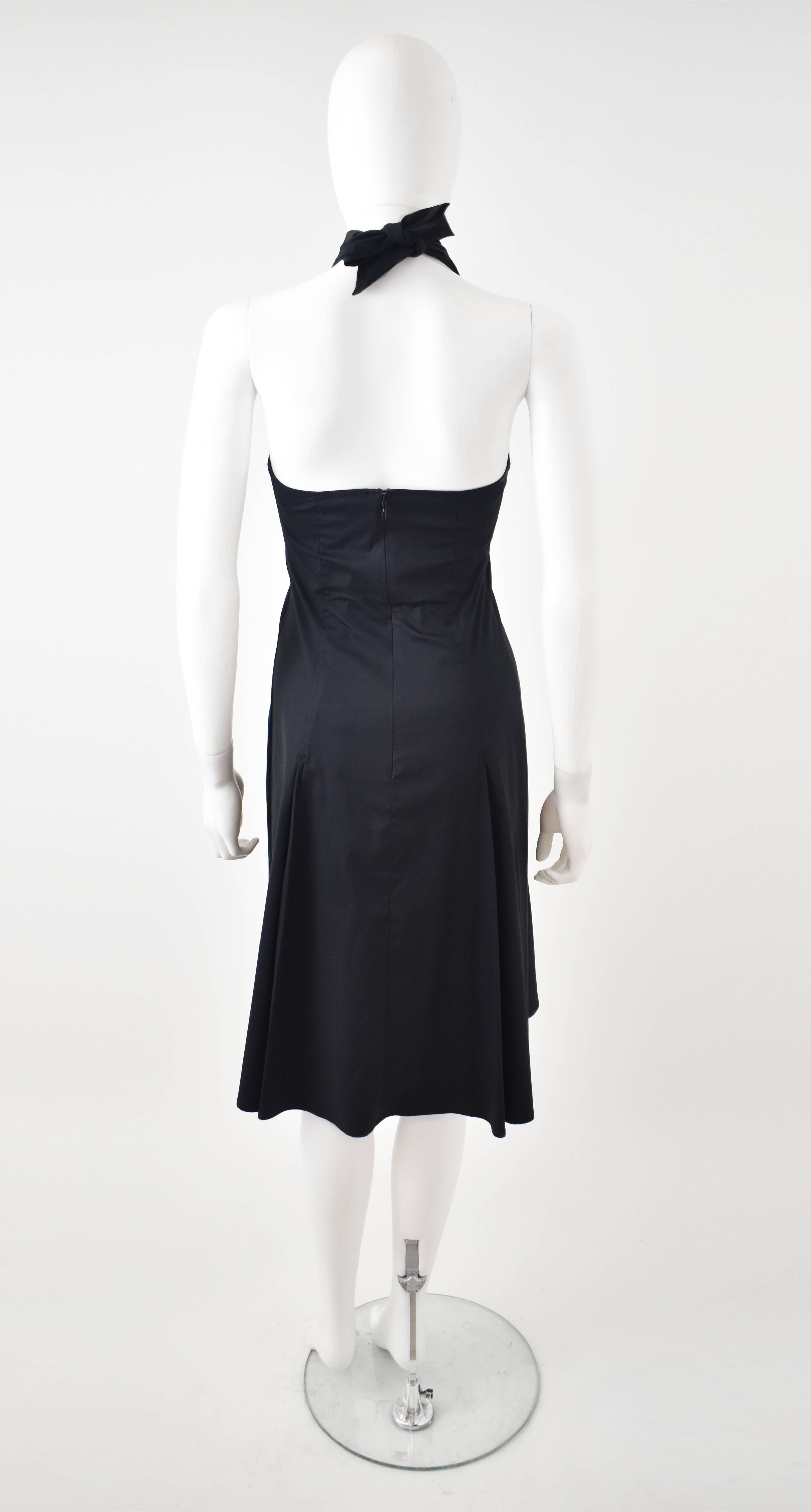 Women's Celine Black Halterneck Dress with Collar and Ruffled Bib Front