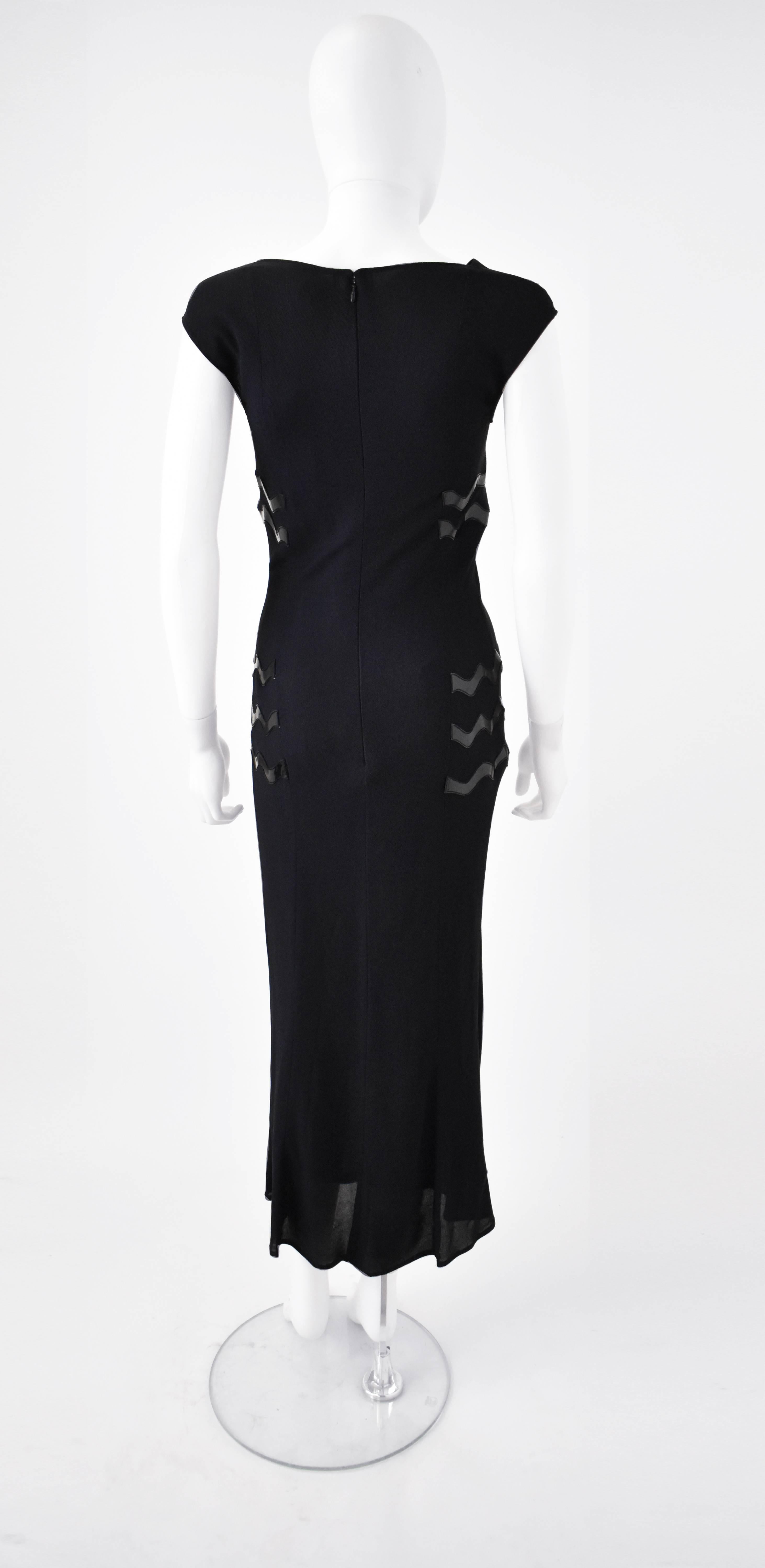 Black Chanel Navy Long Mesh Dress with Plastic Applique ‘Squiggles’ 1990’s For Sale