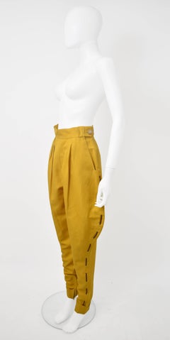 Hermes Mustard Yellow Jodhpur Trousers with Eyelet and Leather Tie Details