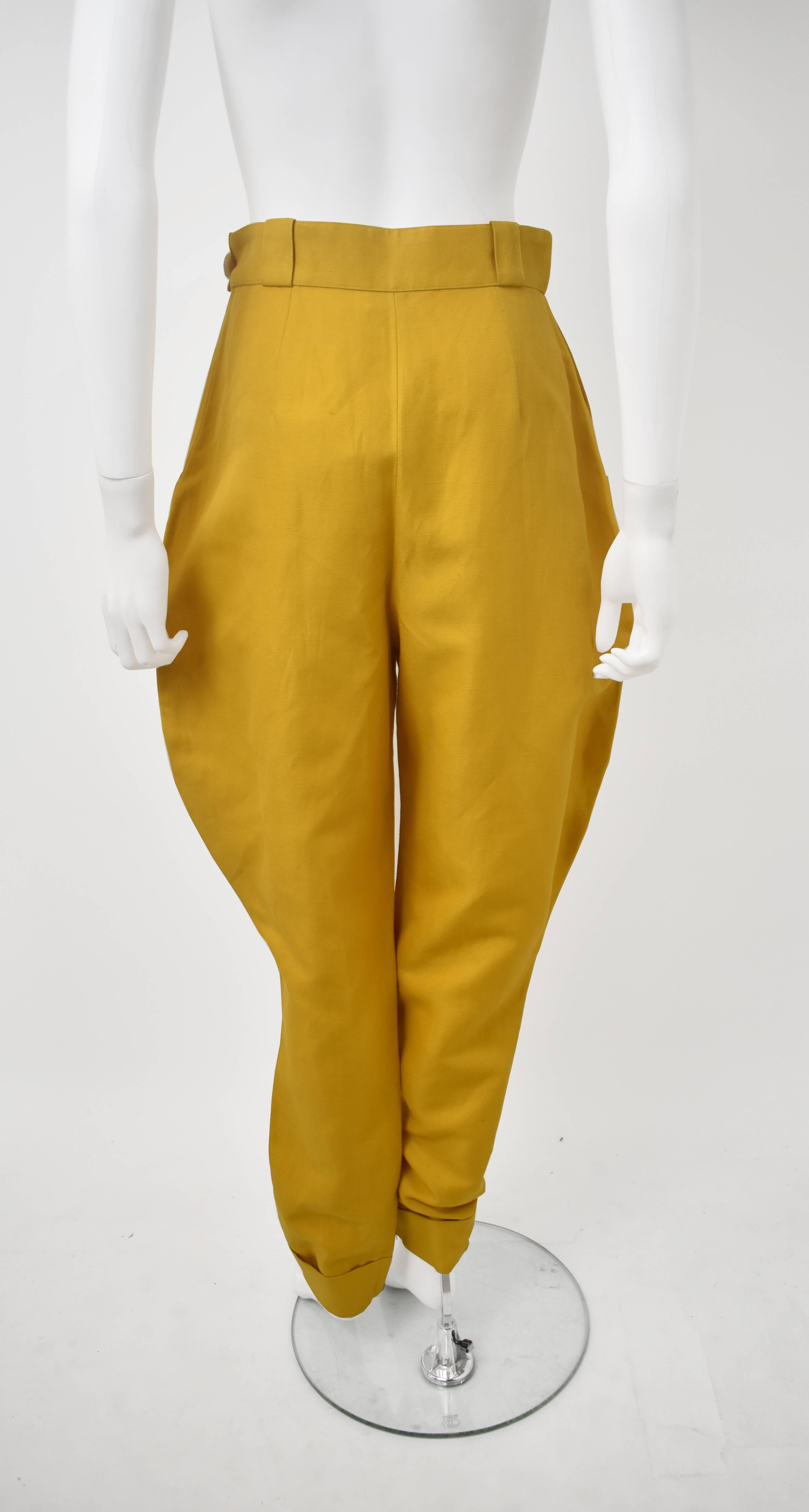 Women's Hermes Mustard Yellow Jodhpur Trousers with Eyelet and Leather Tie Details For Sale