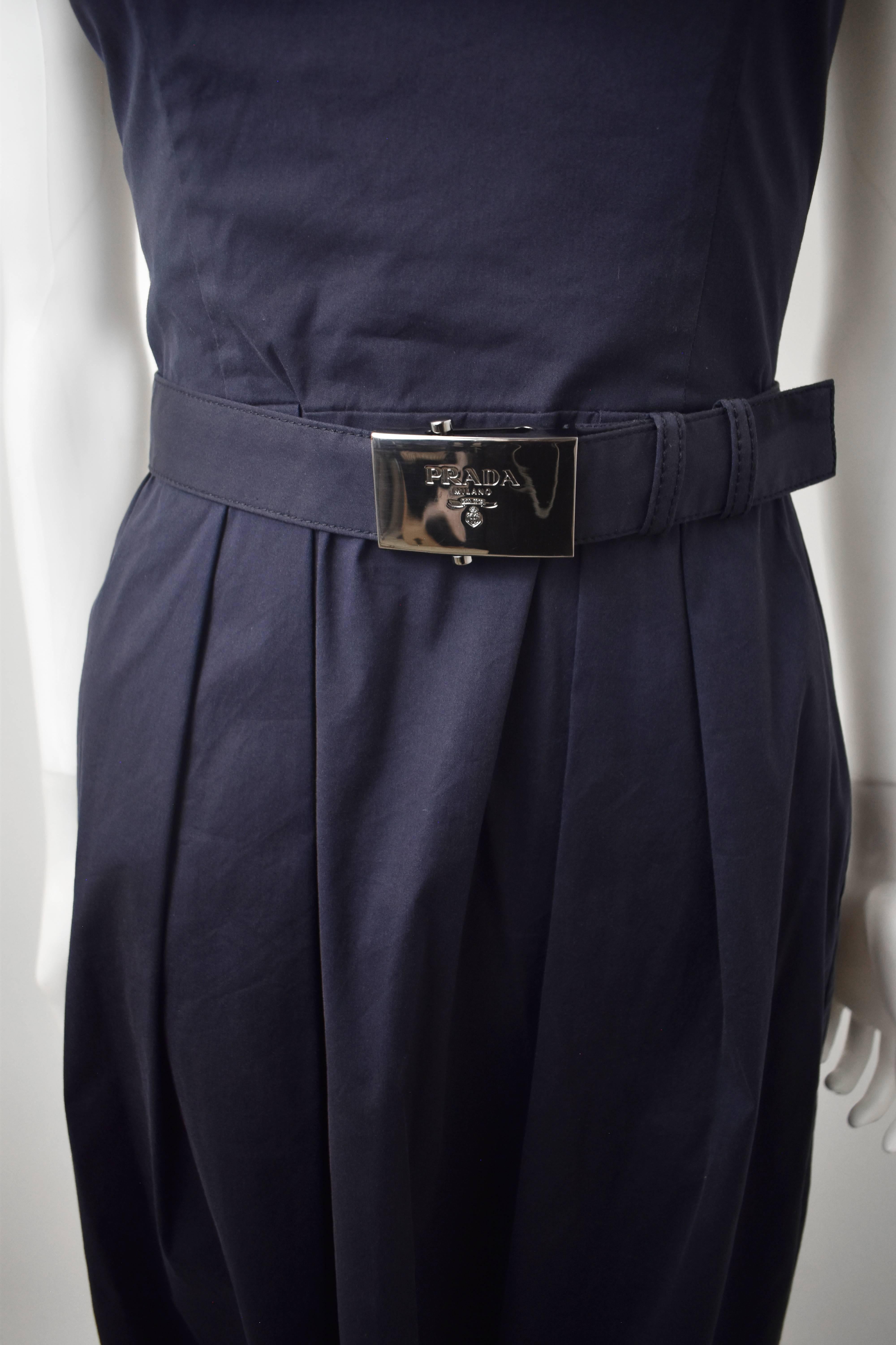 Prada Sporty Navy Dress with Silver Logo Buckle Belt  In Excellent Condition In London, GB