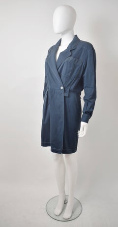 1990's Celine Navy Cotton Coat Dress with Oversize Pocket Details