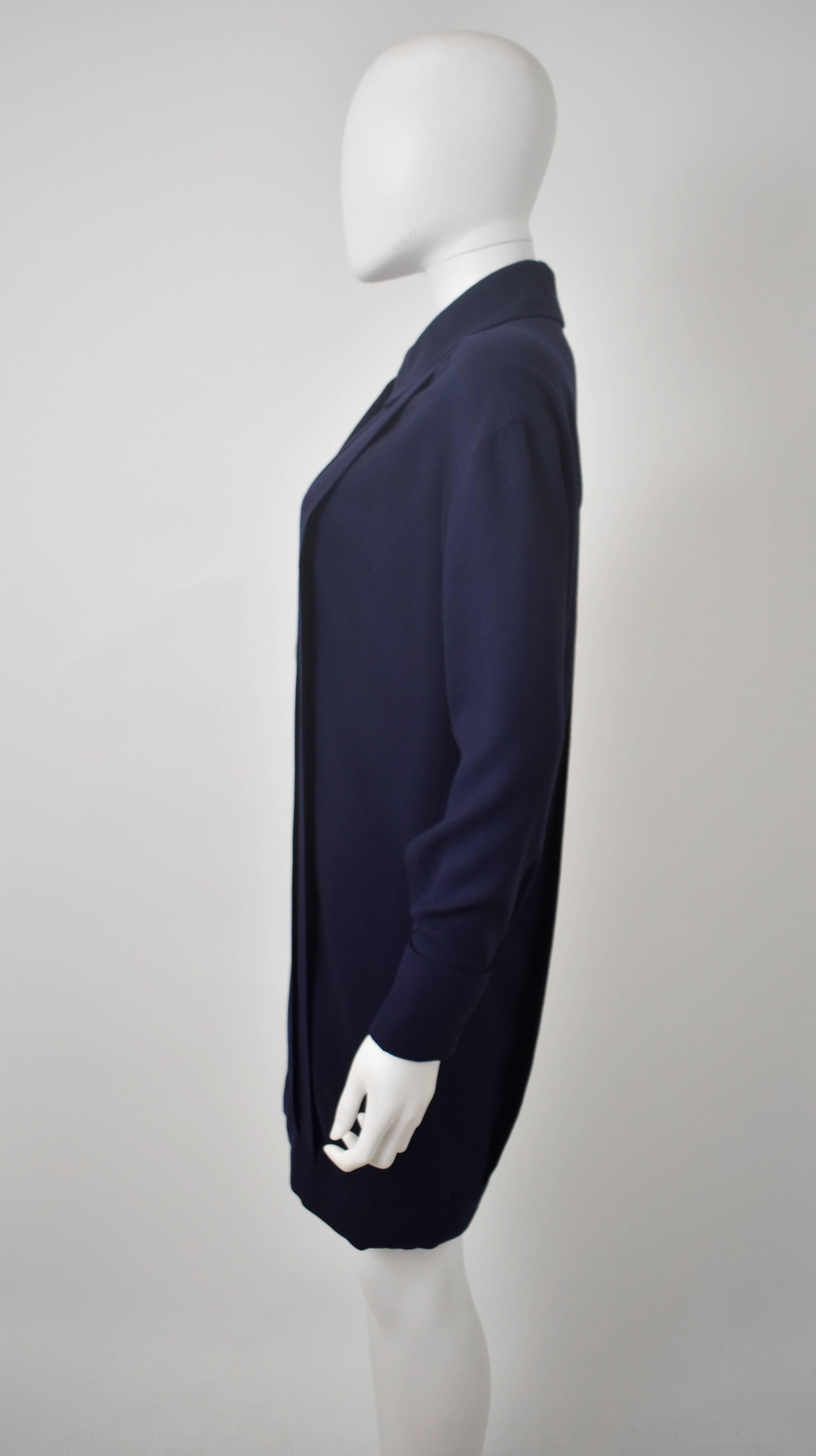 Black 1990's Chanel Navy Blue Wool Shirt Dress with Oversize White Buttons For Sale
