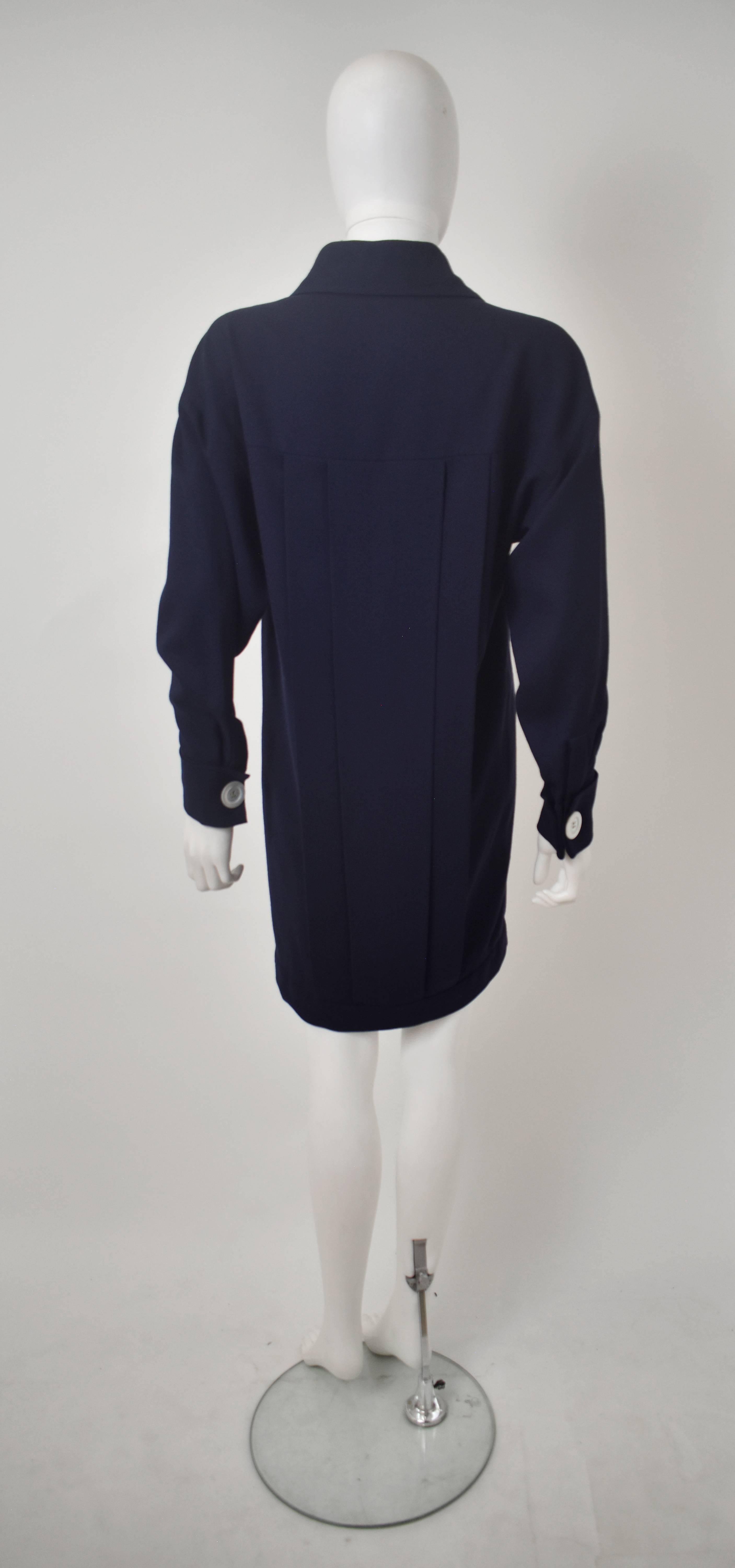 1990's Chanel Navy Blue Wool Shirt Dress with Oversize White Buttons In Good Condition For Sale In London, GB