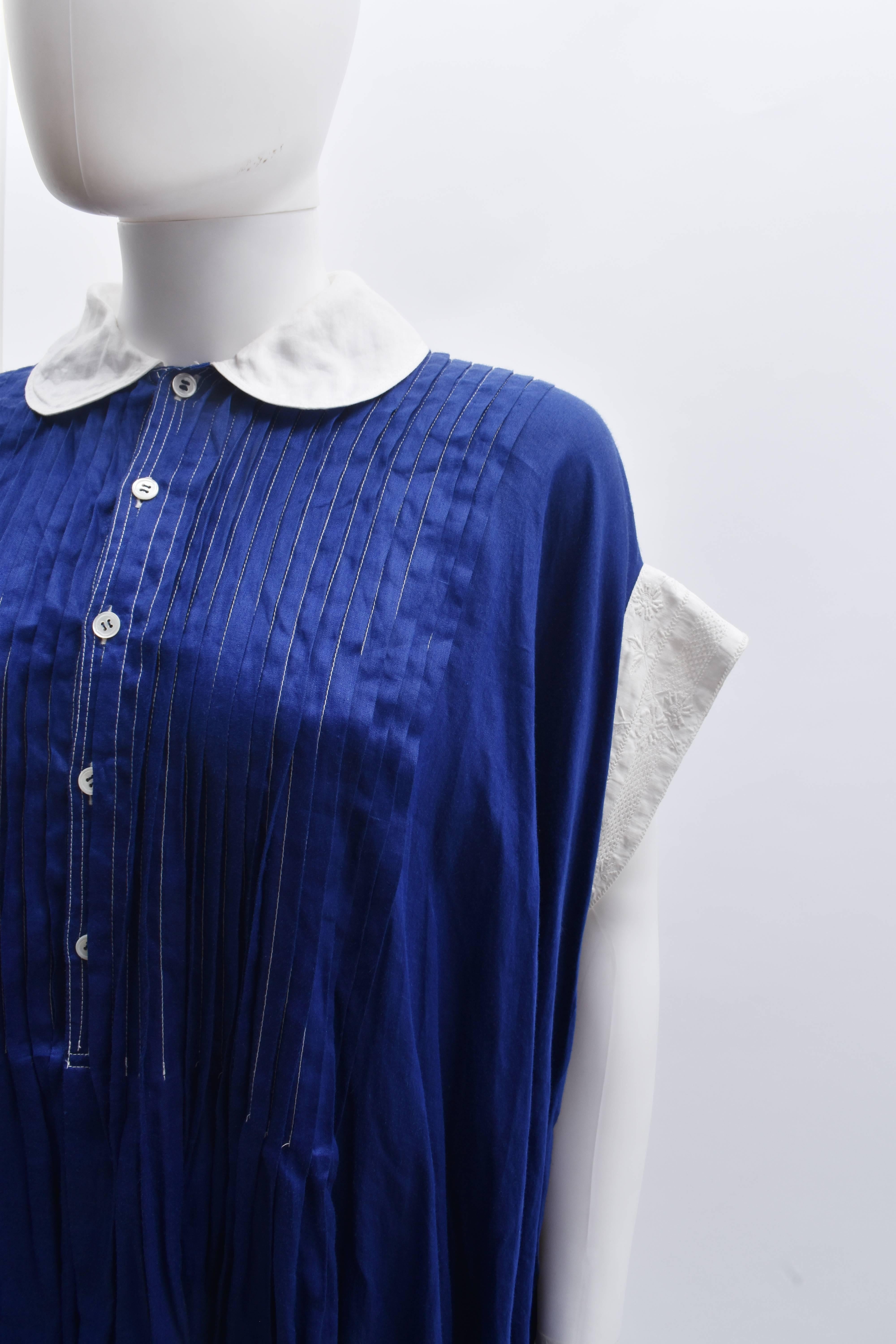 Junya Watanabe Blue Linen Shirt Dress with White Collar and Contrast Stitching S 1