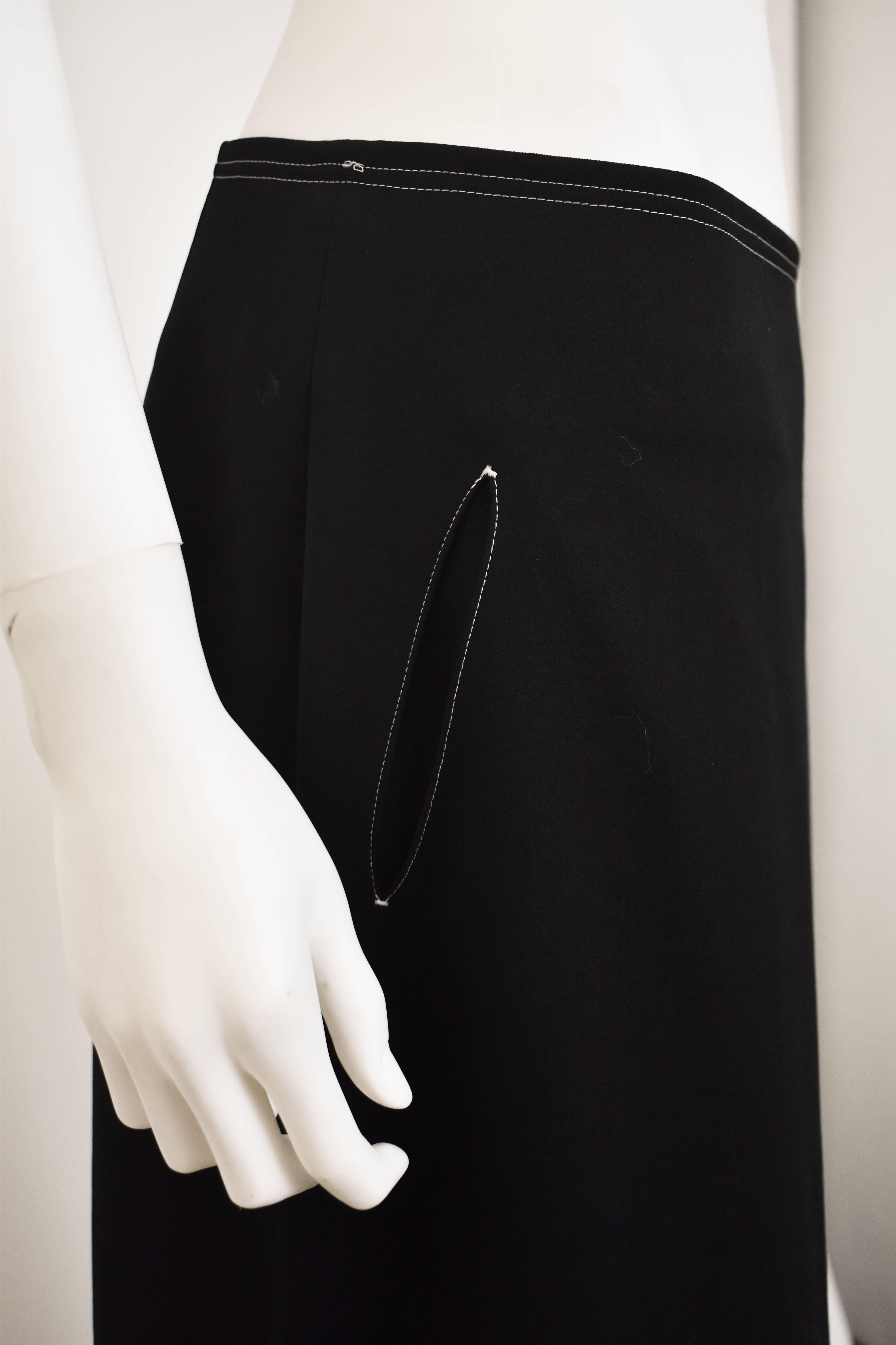 Women's Y’s By Yohji Yamamoto Black A-Line Skirt with Contrast White Stitching and Pocke