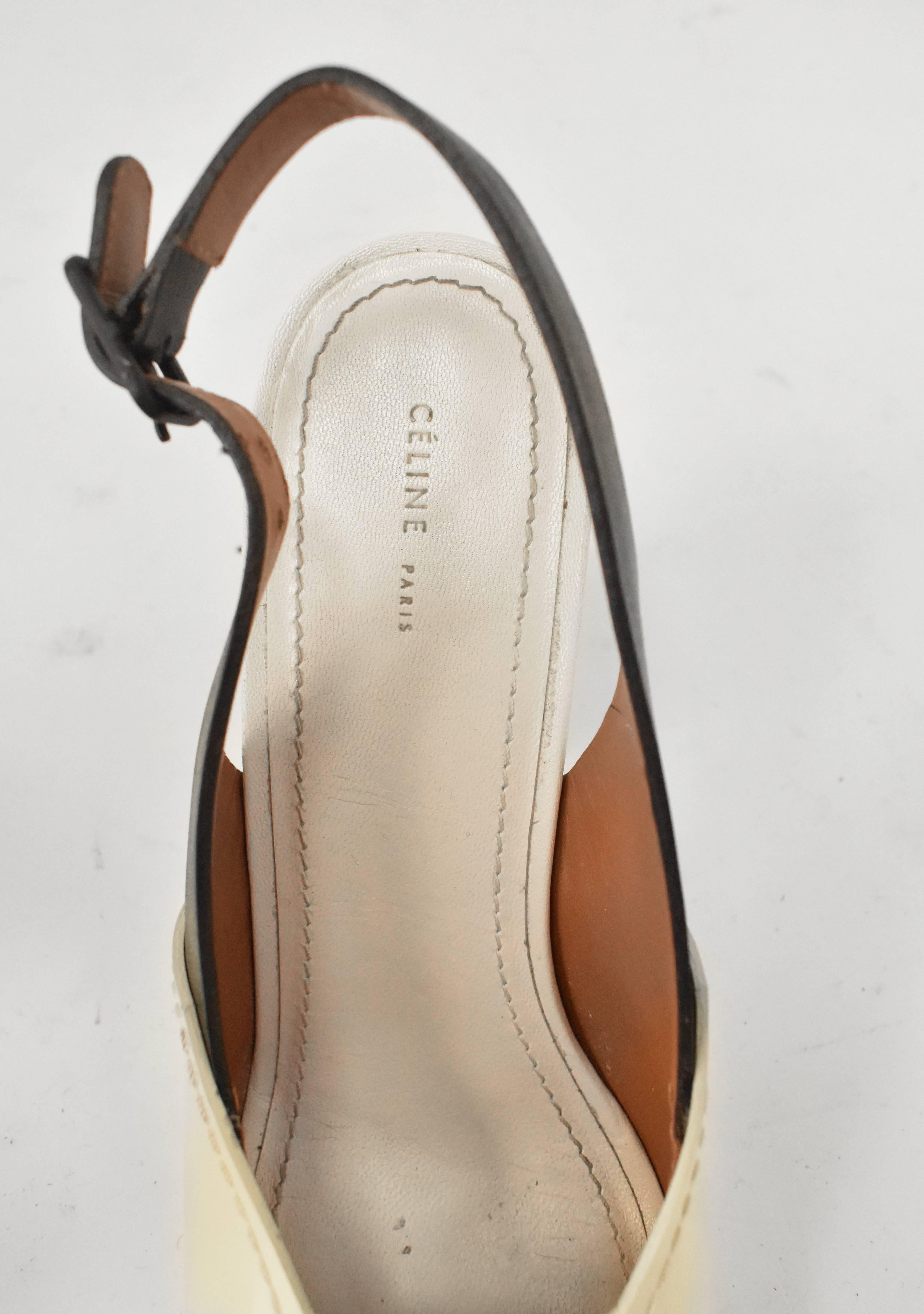 Celine Cream Patent Leather Contrast Colour Slingback Heeled Pumps w Rubber Heel In Good Condition In London, GB