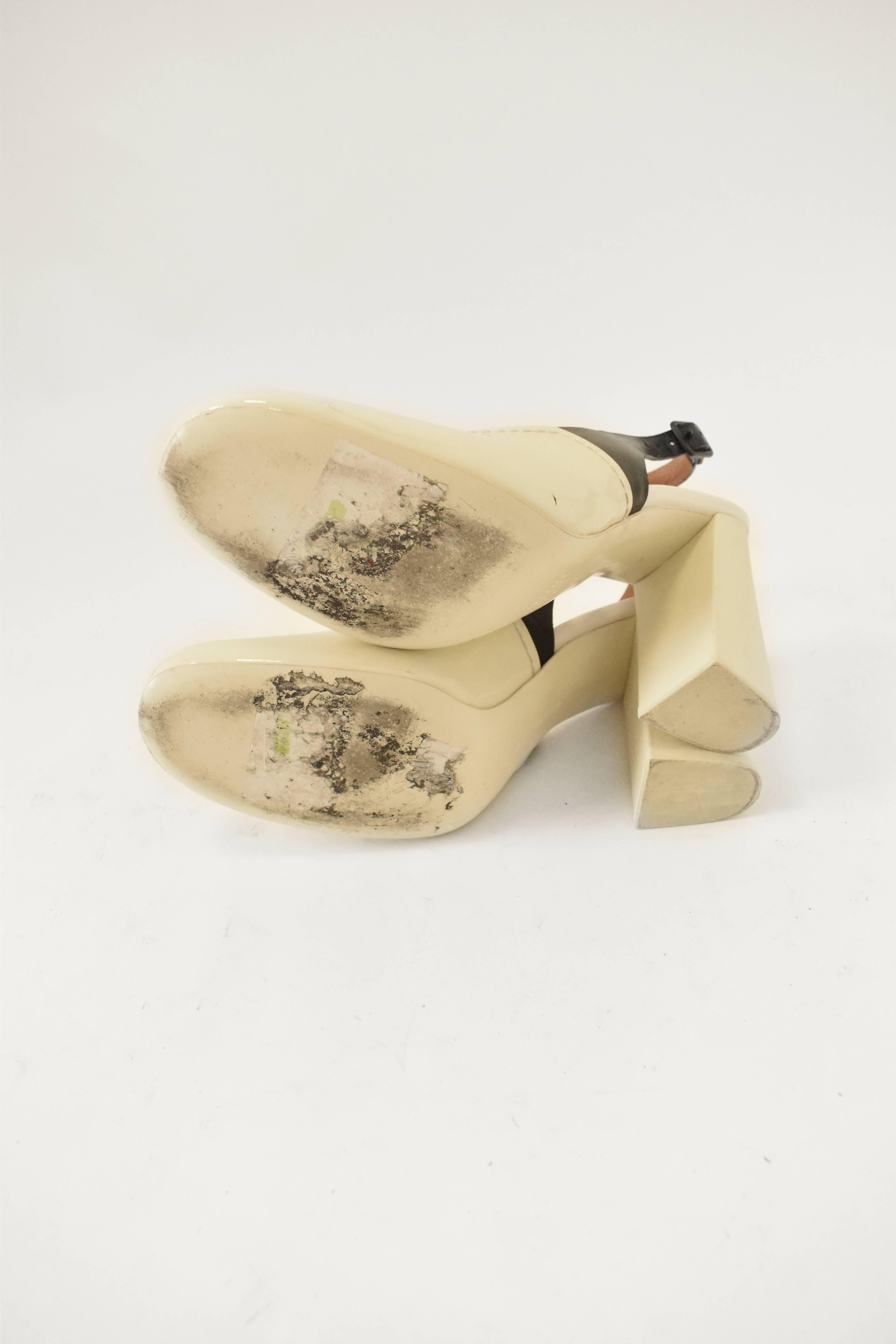 Beige Celine Cream Patent Leather Contrast Colour Slingback Heeled Pumps w Rubber Heel