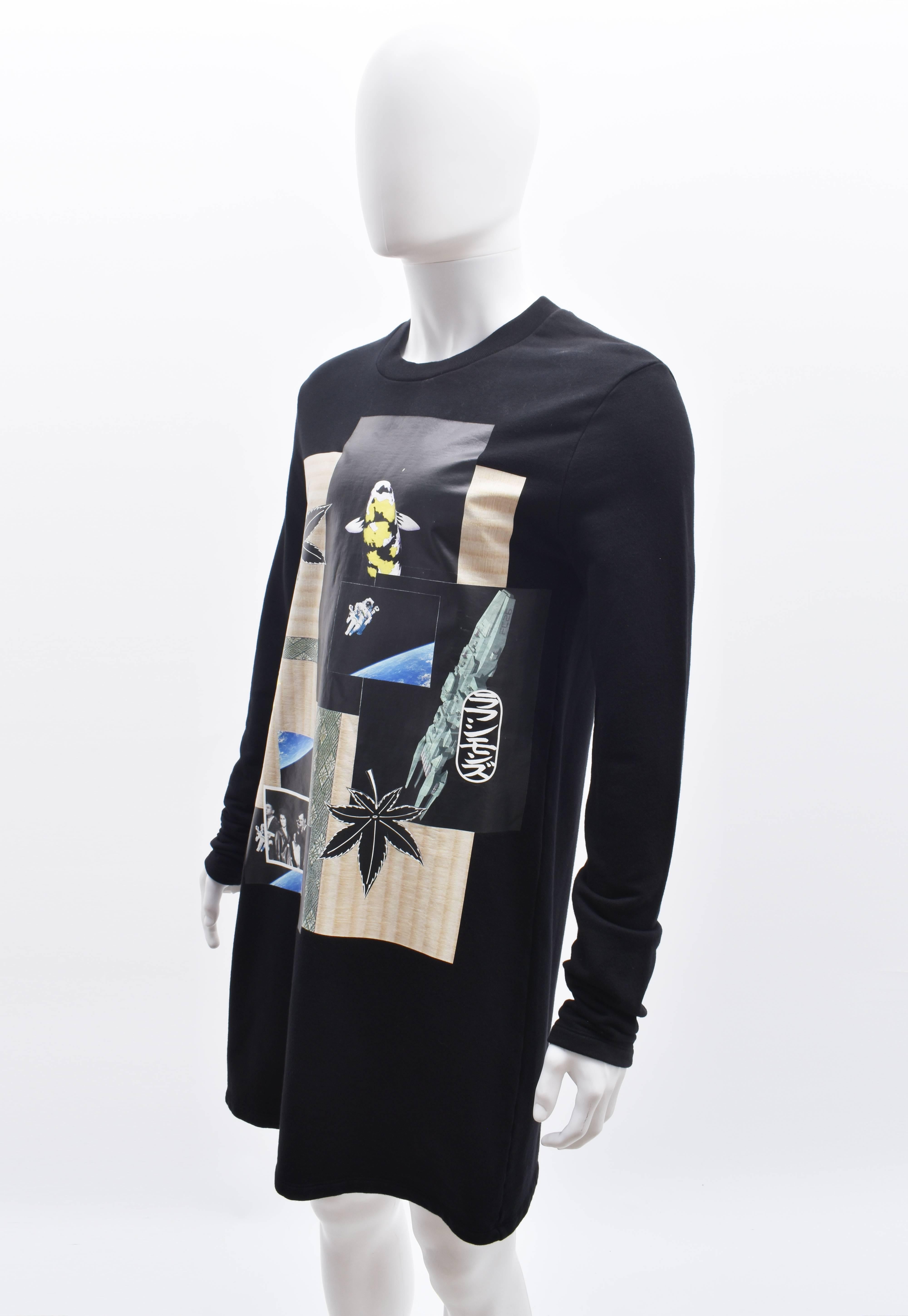 An oversized and longline sweater from Raf Simons’ eponymous menswear label. It features a collage of images printed on to the front including images of an astronaut, tatami and maple leaves. There is an intentional hole cut out of the bottom of the