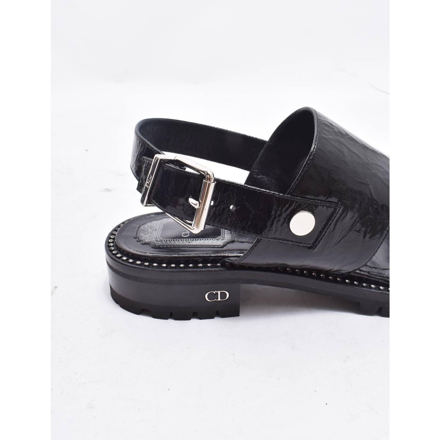 Women's Christian Dior Black Leather Sandals with Crystal Detail Embellishments